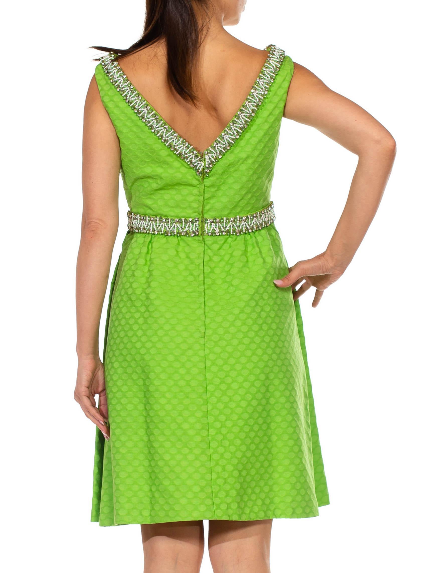 1960S Lime Green Cotton Jacquard Cocktail Dress With Beaded Neckline And Waist For Sale 3