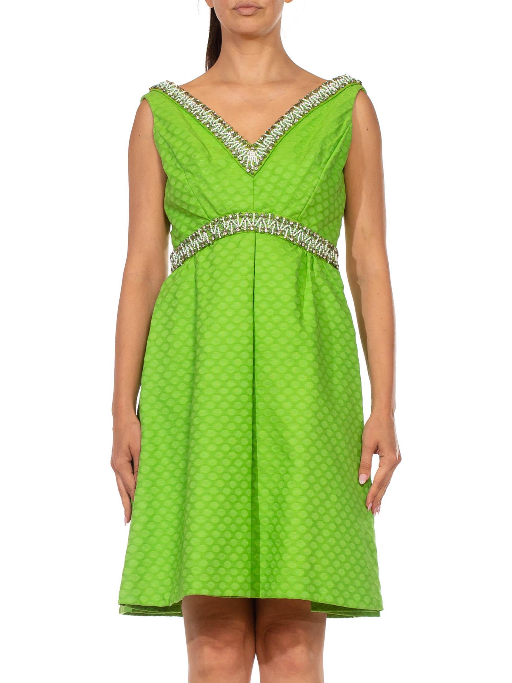 1960S Lime Green Cotton Jacquard Cocktail Dress With Beaded Neckline And Waist For Sale 4