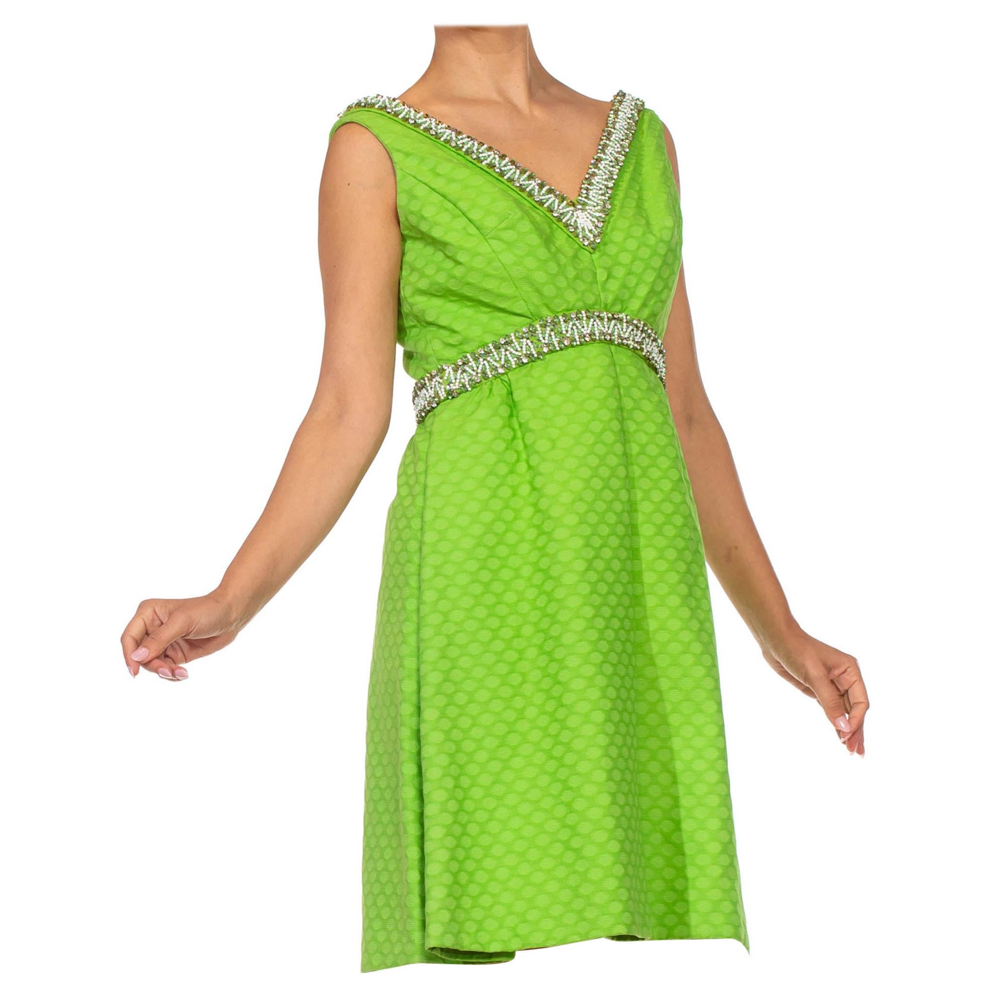 1960S Lime Green Cotton Jacquard Cocktail Dress With Beaded Neckline And Waist