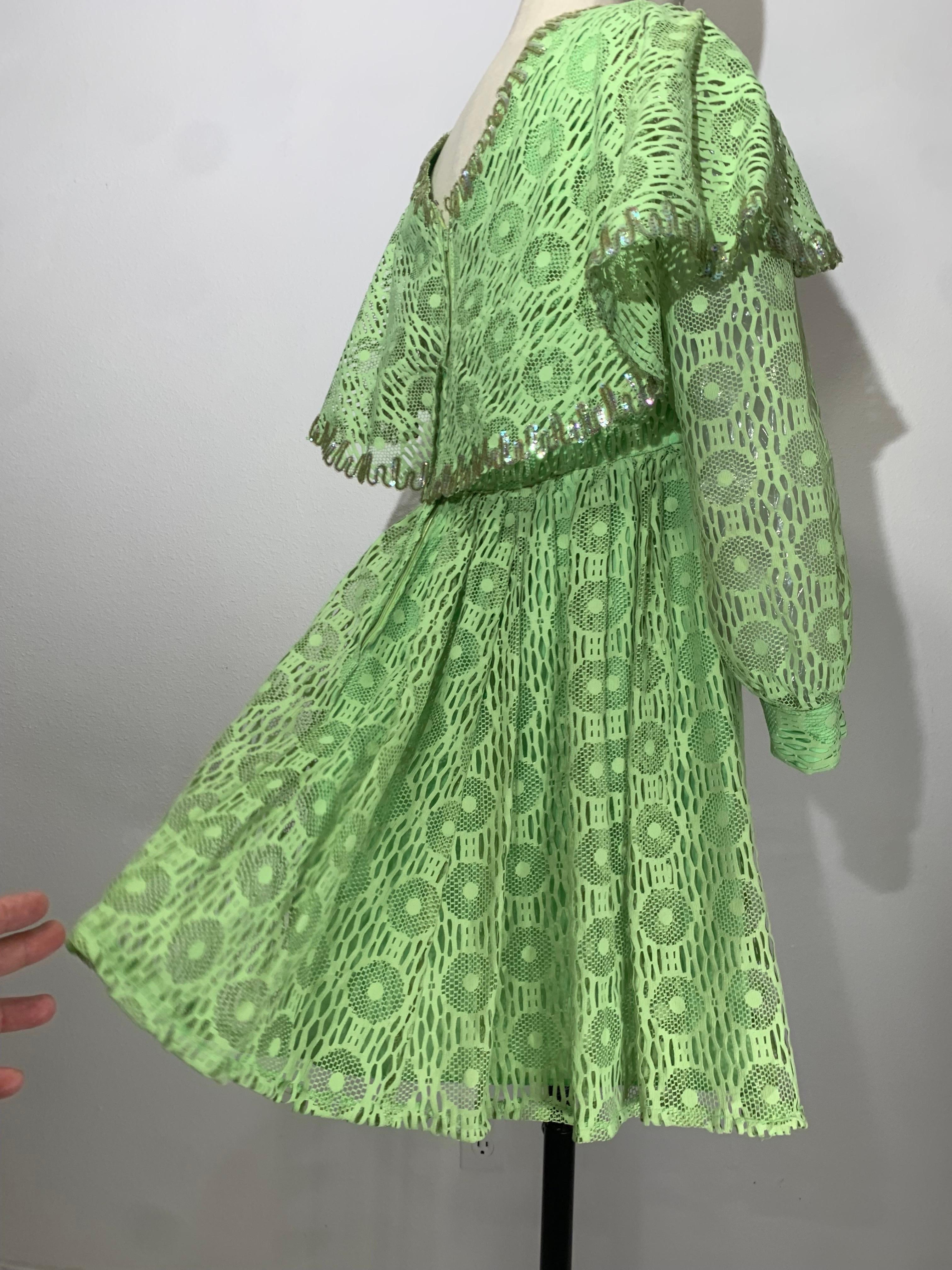Women's 1960s Lime Green Net Lace Baby Doll Mod Mini Dress w Caplet & Banded Cuffs For Sale