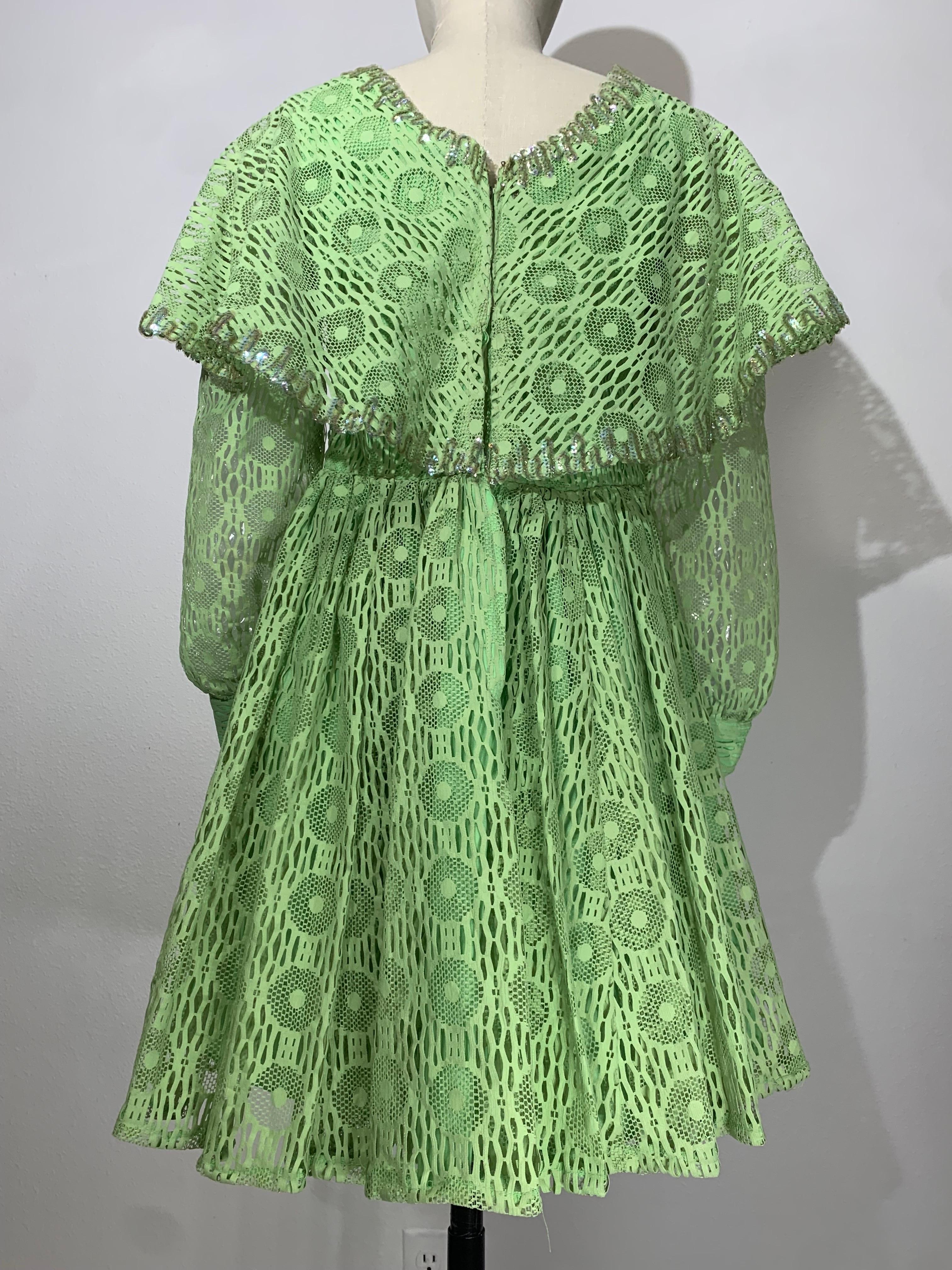 1960s Lime Green Net Lace Baby Doll Mod Mini Dress w Caplet & Banded Cuffs For Sale 1