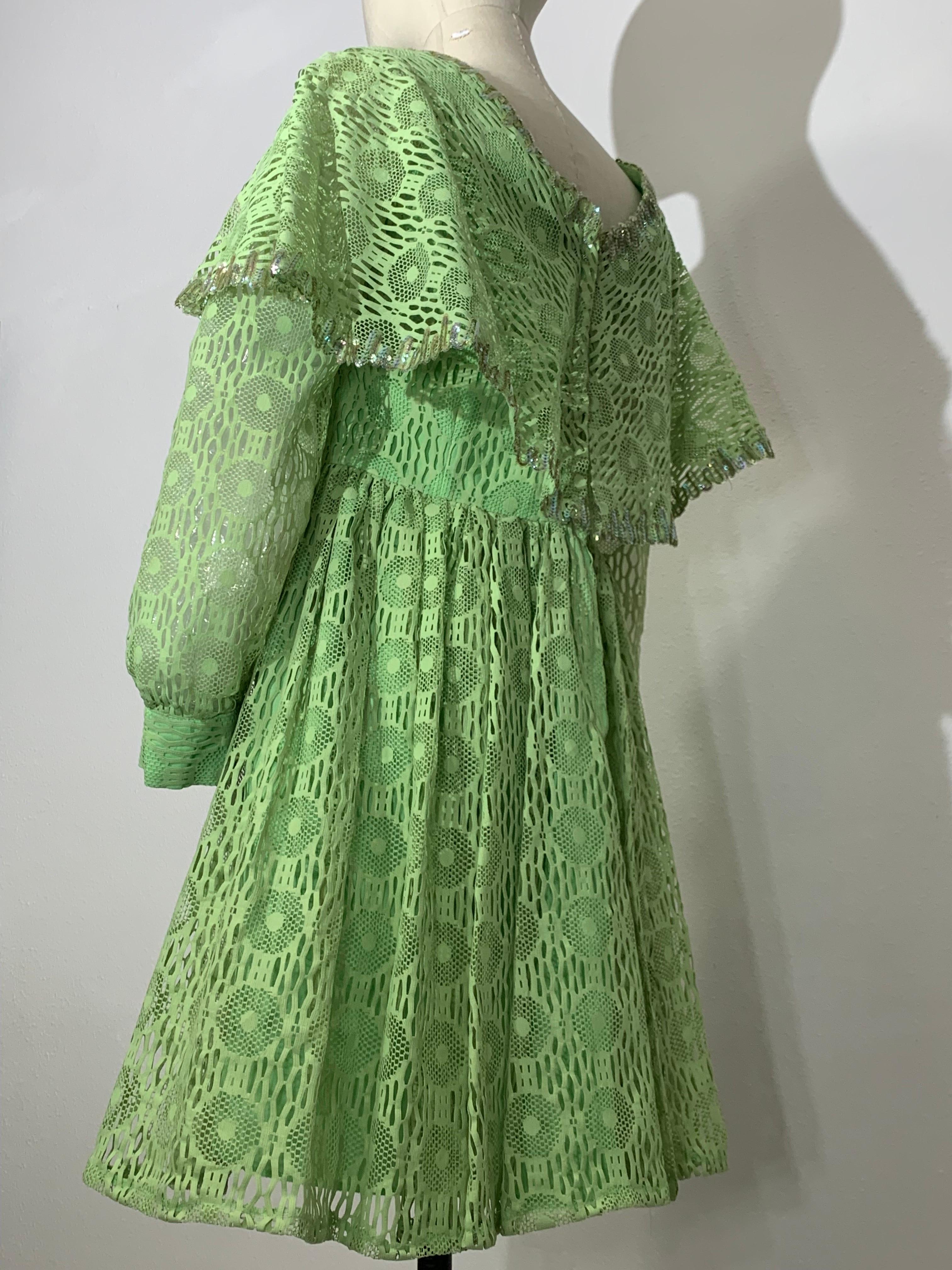 1960s Lime Green Net Lace Baby Doll Mod Mini Dress w Caplet & Banded Cuffs For Sale 3