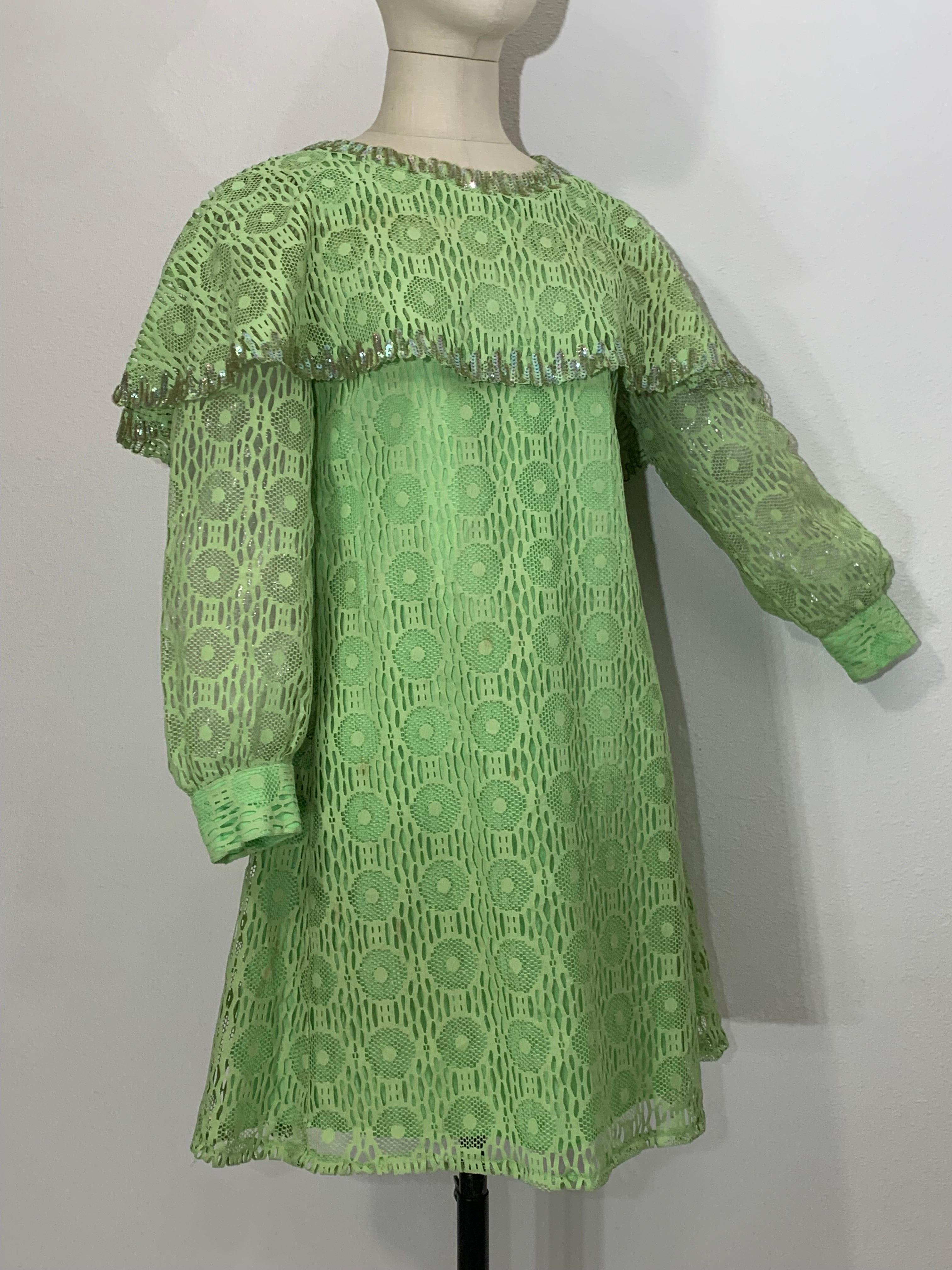 1960s Lime Green Net Lace Baby Doll Mod Mini Dress w Caplet & Banded Cuffs For Sale 4