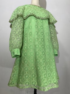 1960s Lime Green Net Lace Baby Doll Mod Mini Dress w Caplet & Banded Cuffs