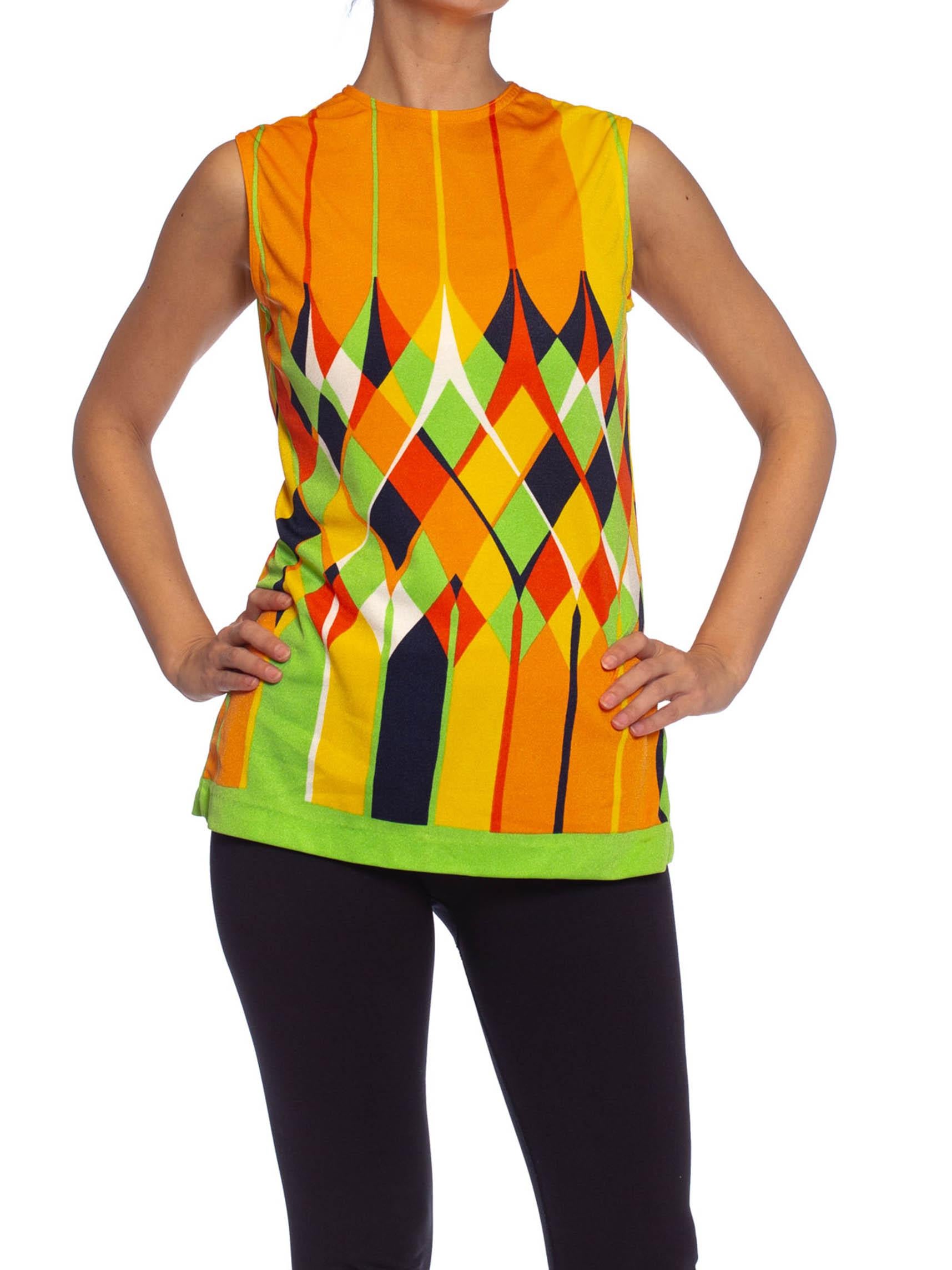 1960S Lime Green & Orange Polyester Jersey Mod Shell Top In Excellent Condition In New York, NY