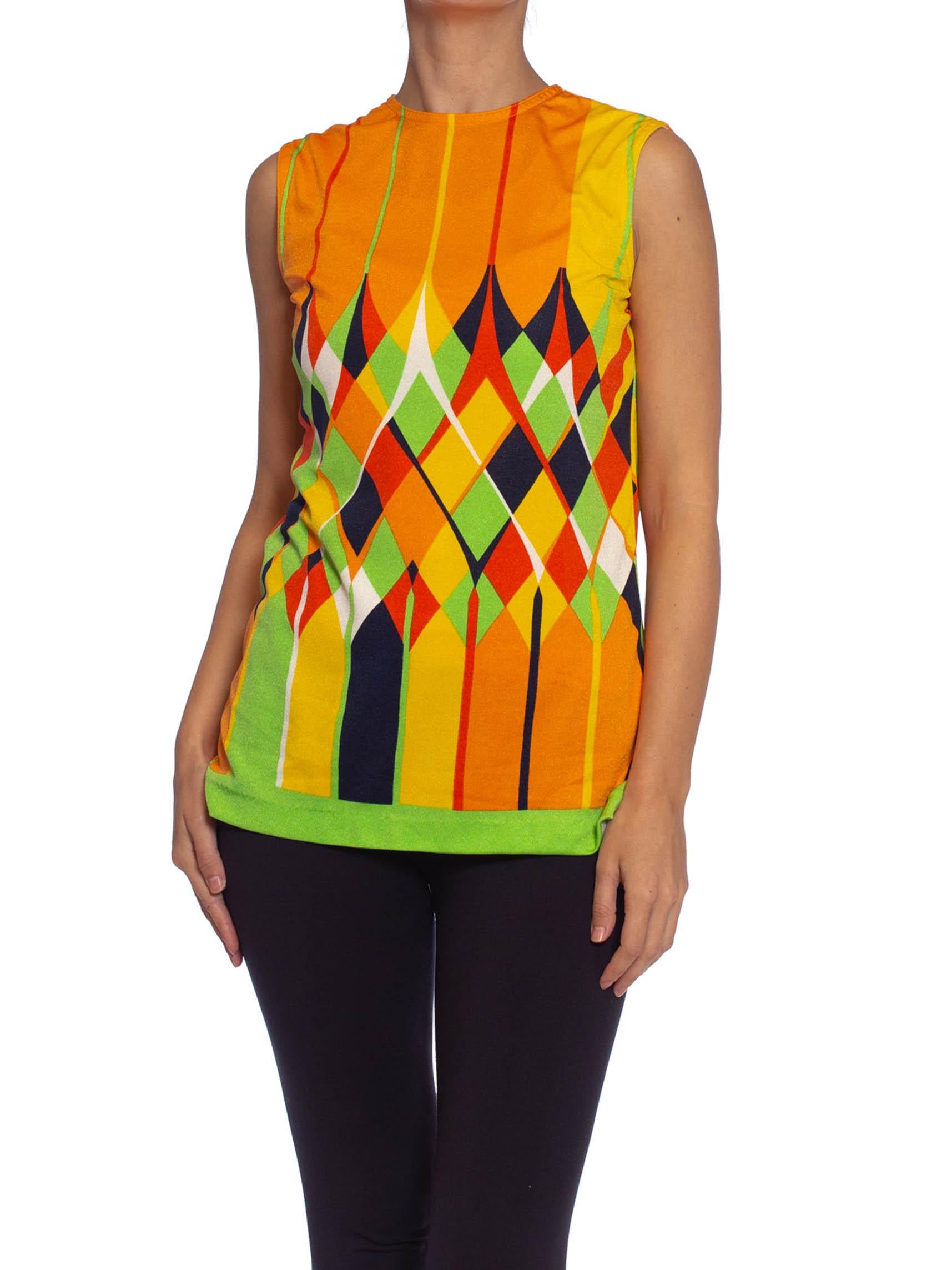 Women's 1960S Lime Green & Orange Polyester Jersey Mod Shell Top