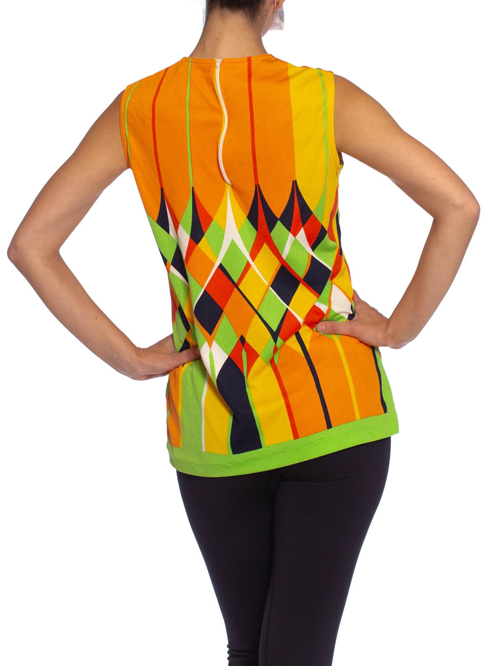 1960S Lime Green & Orange Polyester Jersey Mod Shell Top 1