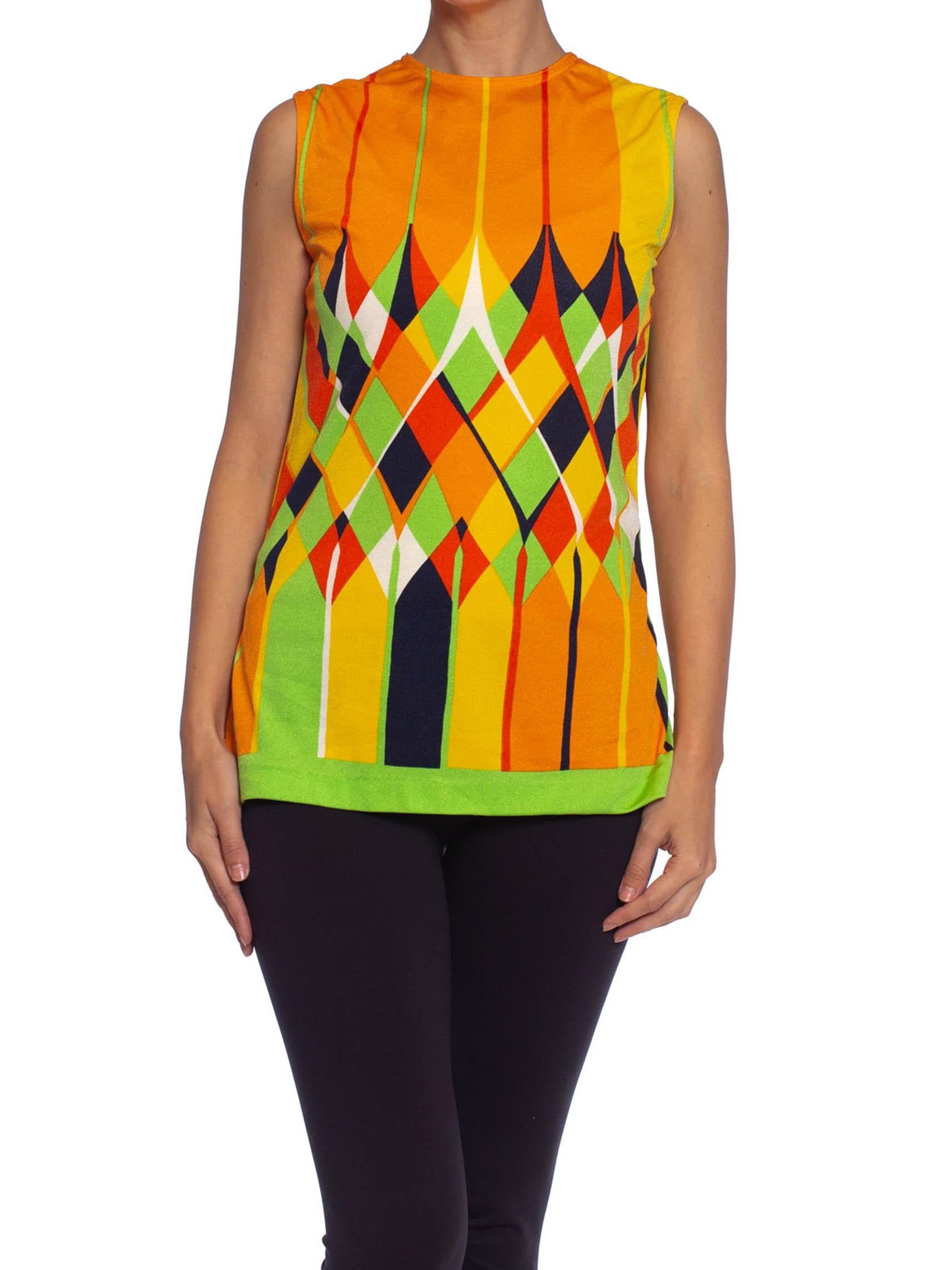 1960S Lime Green & Orange Polyester Jersey Mod Shell Top 3