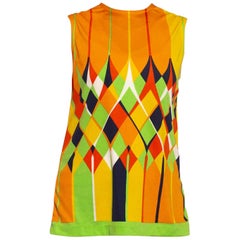 1960S Lime Green & Orange Polyester Jersey Mod Shell Top