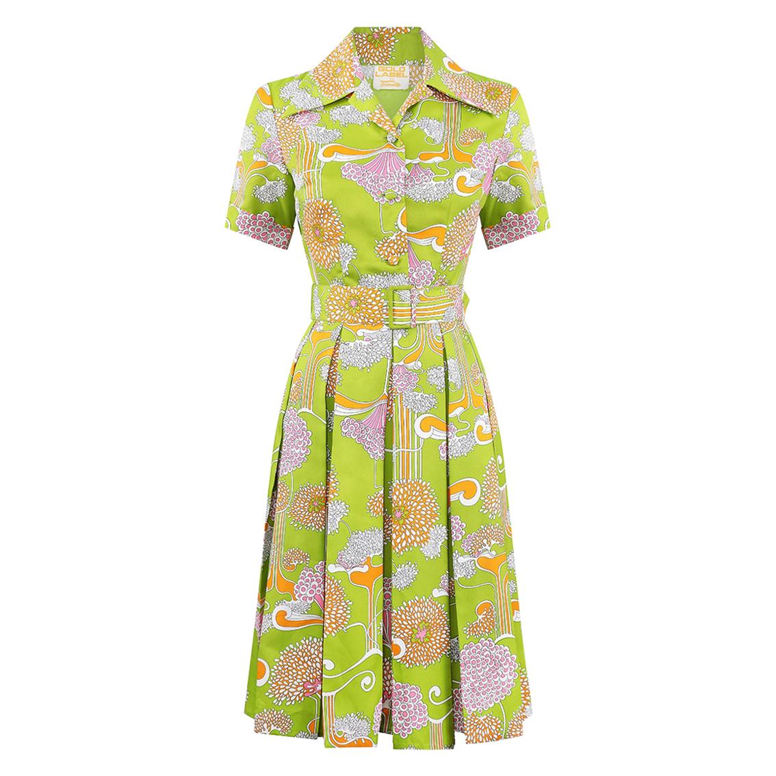 1960s Lime Green Psychedelic Print Dress With Box Pleat Skirt And Wide ...