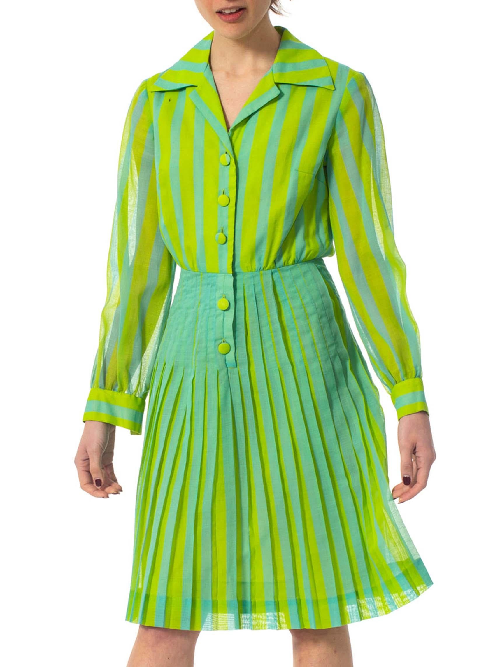 Women's 1970S DADDY DRADDY's Lime Green & Blue Cotton Striped Pleated Mod Dress For Sale