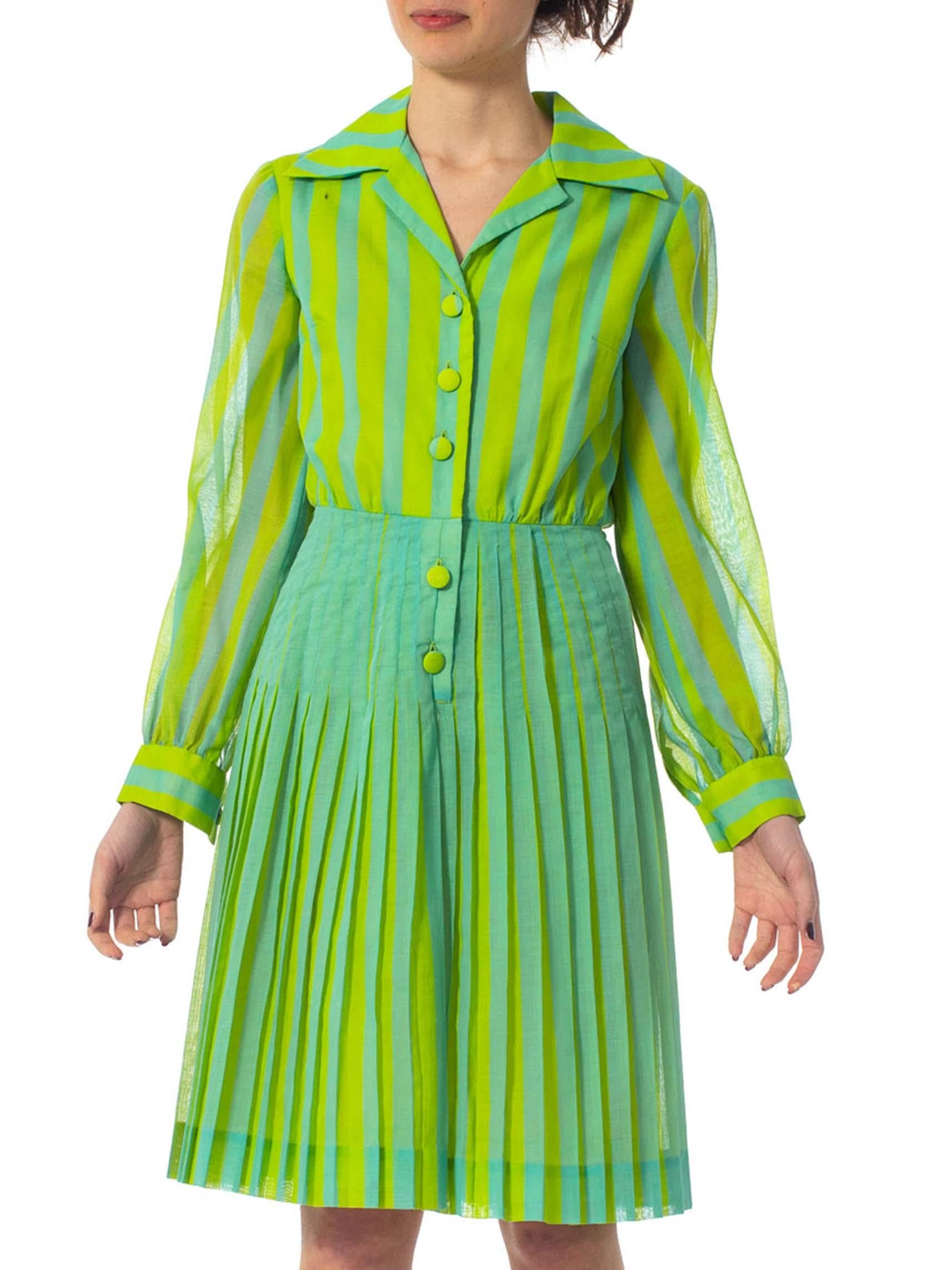 1970S DADDY DRADDY's Lime Green & Blue Cotton Striped Pleated Mod Dress For Sale 1