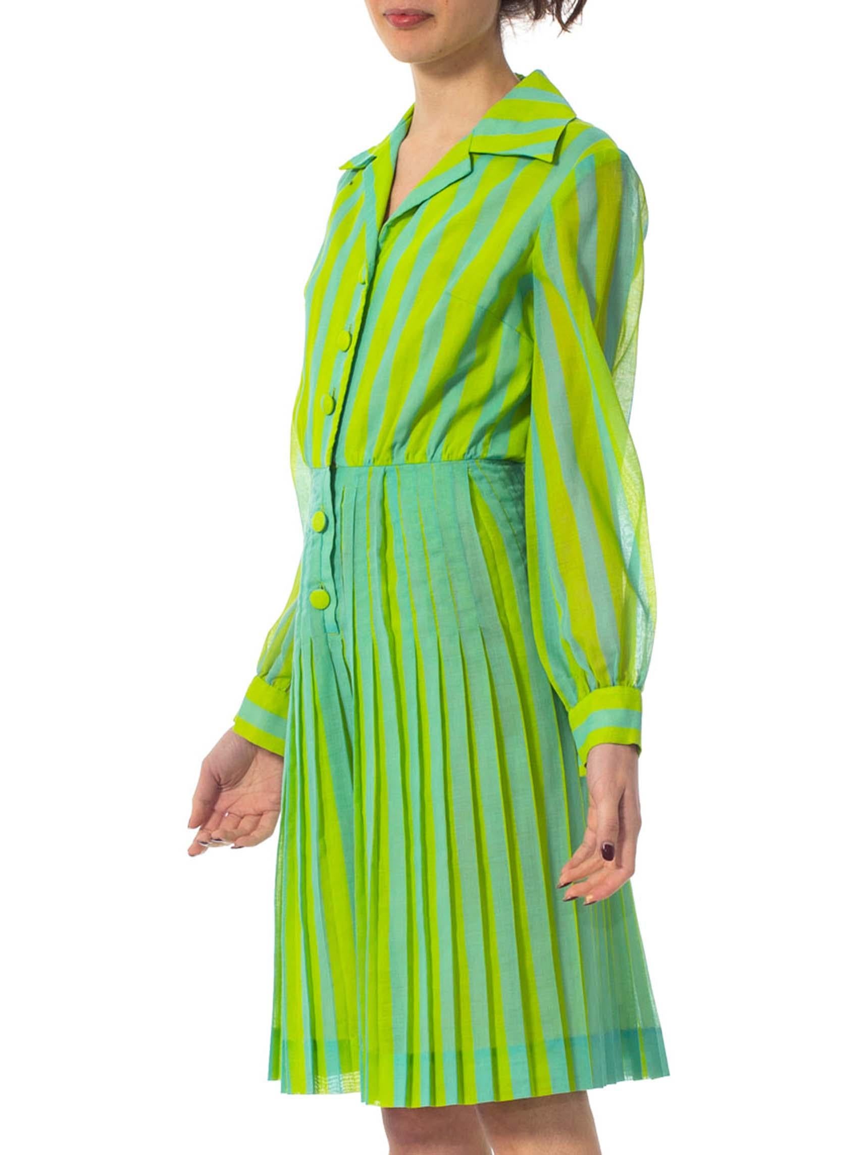 1970S DADDY DRADDY's Lime Green & Blue Cotton Striped Pleated Mod Dress For Sale 3
