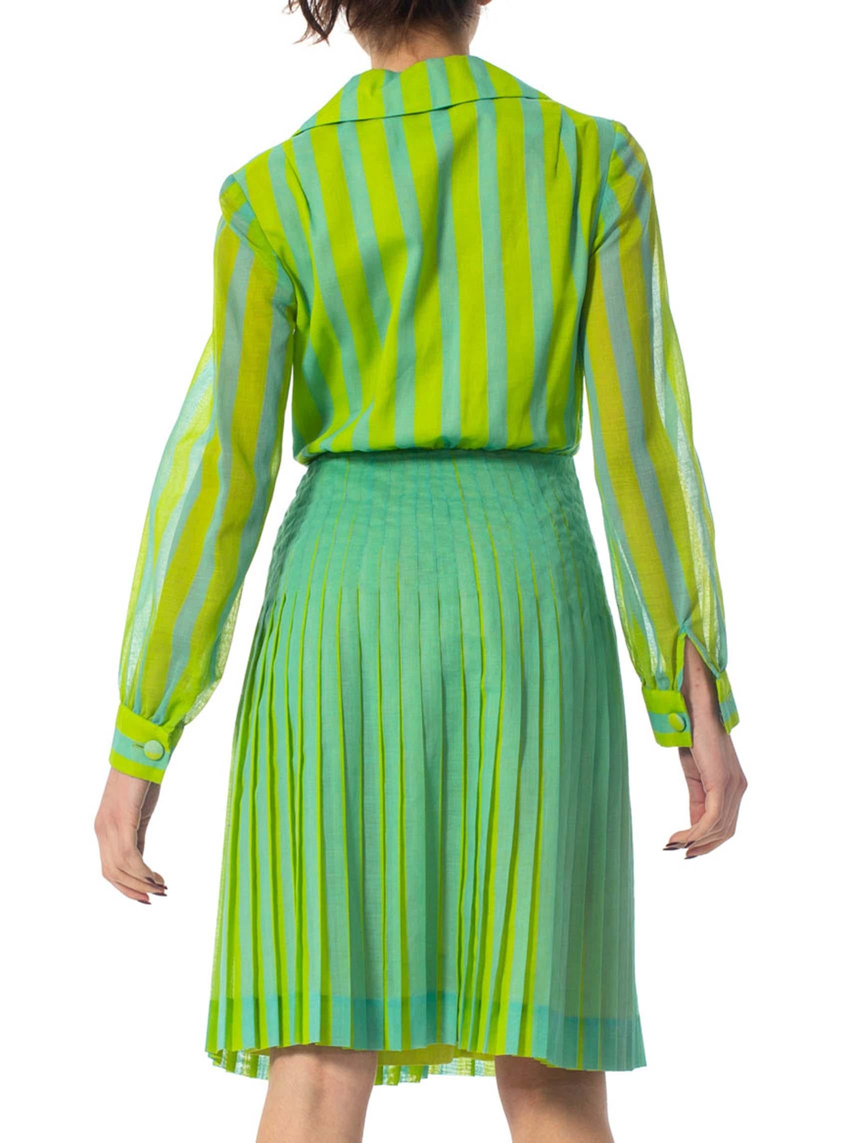 1970S DADDY DRADDY's Lime Green & Blue Cotton Striped Pleated Mod Dress For Sale 4