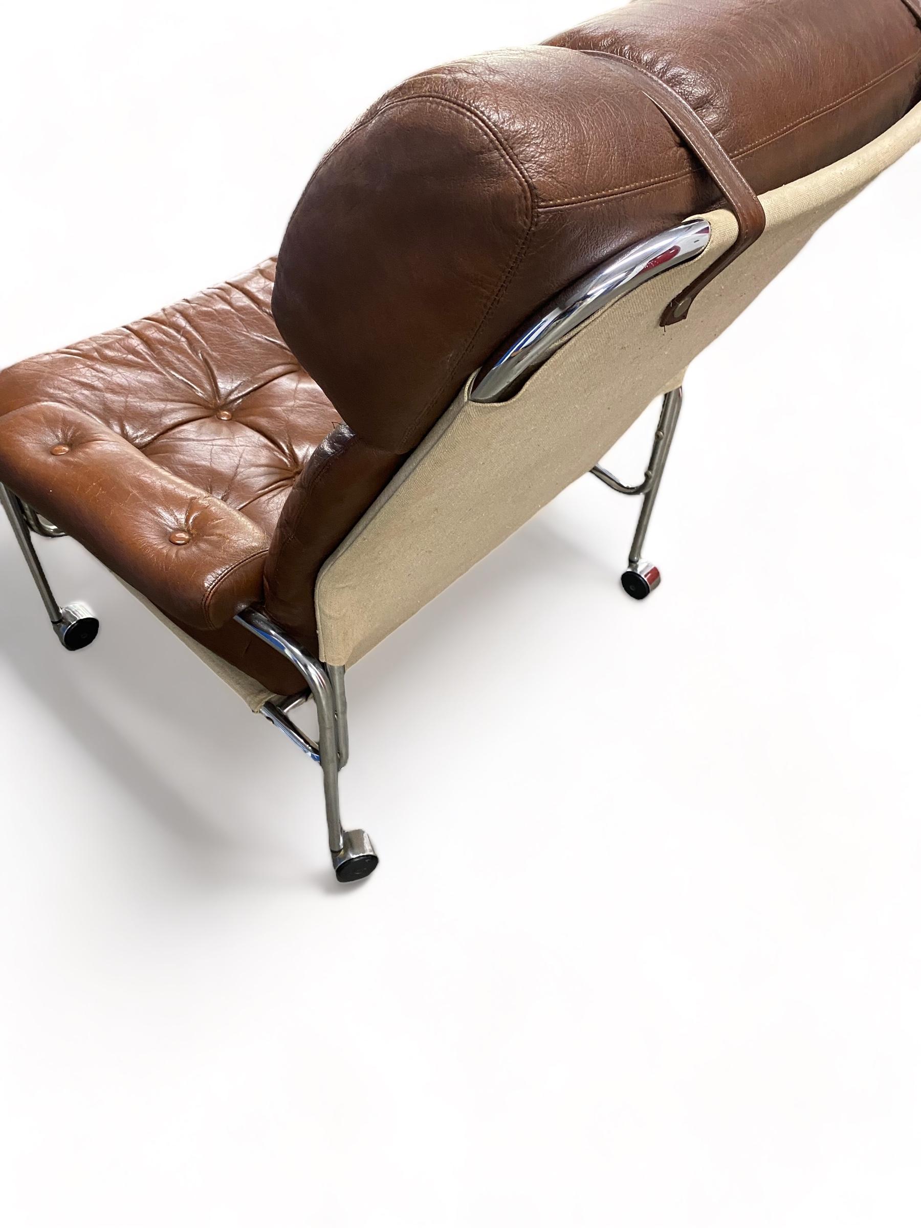 Swedish 1960s Lindlöfs Lounge Chair in Chrome and Leather with footstool