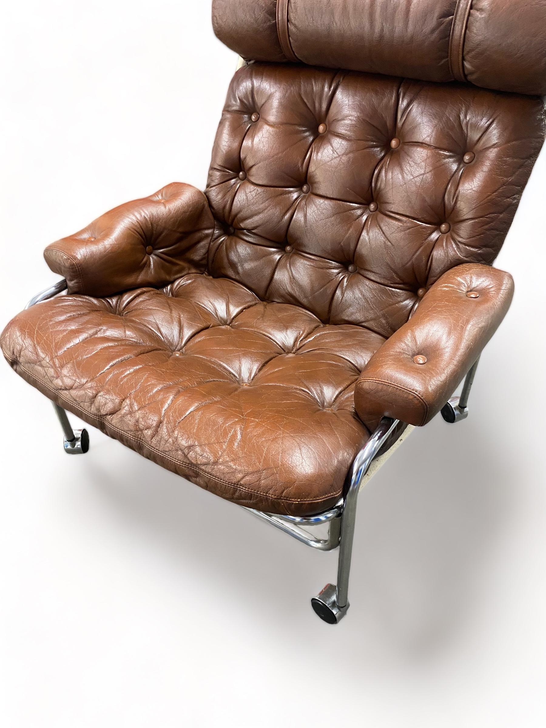 1960s Lindlöfs Lounge Chair in Chrome and Leather with footstool In Good Condition In North Vancouver, BC
