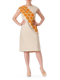 1960S Linen Mod Dress With Orange Embroidered Daisies