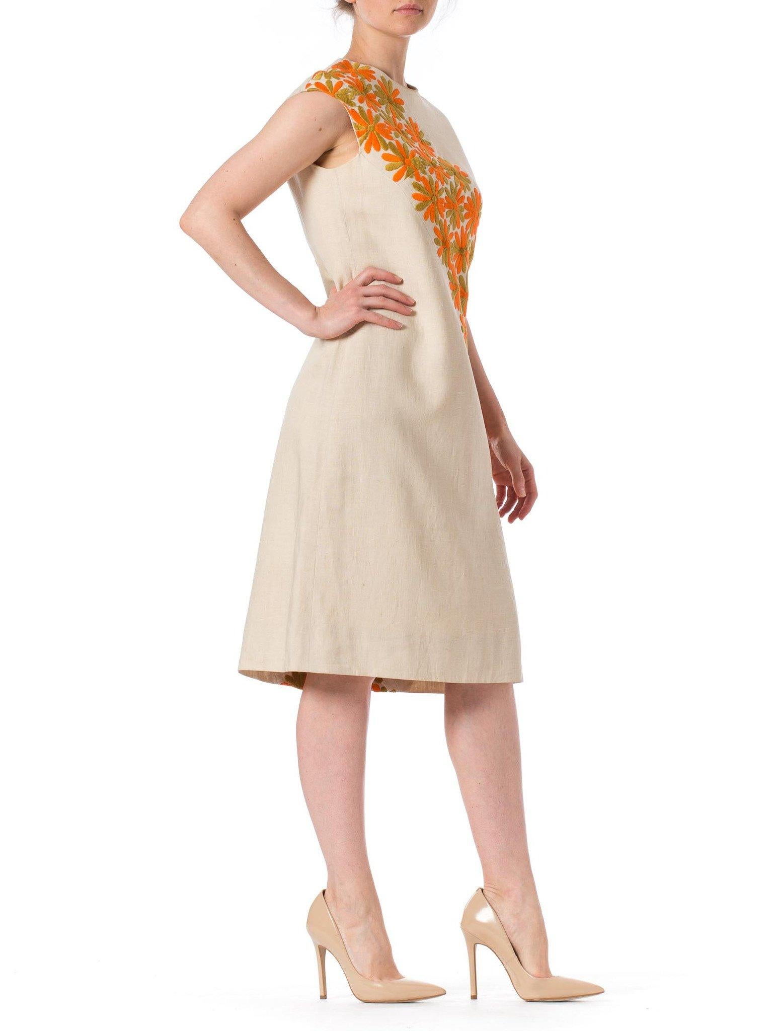 Beige 1960S Linen Mod Dress With Orange Embroidered Daisies For Sale