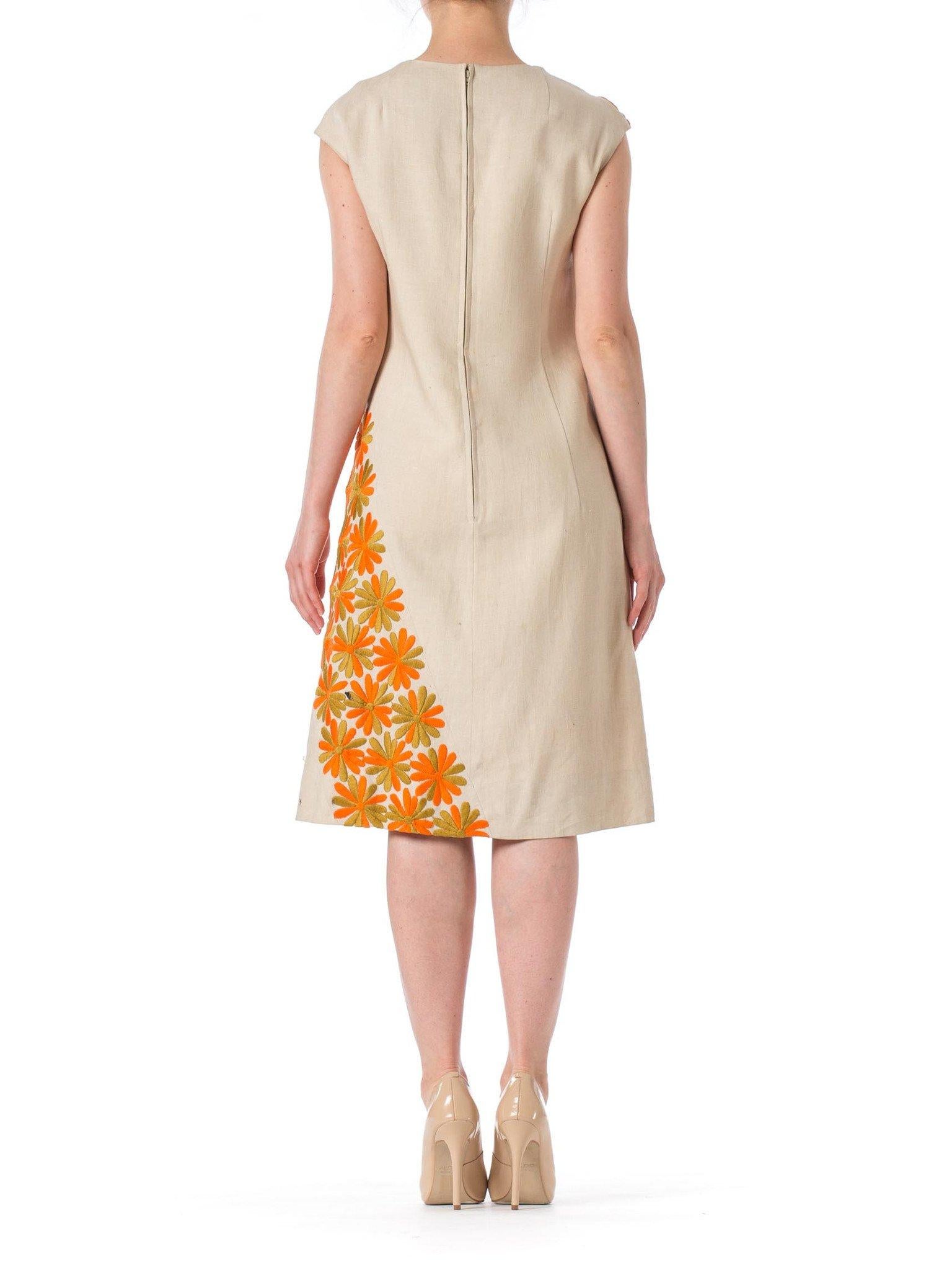 Women's 1960S Linen Mod Dress With Orange Embroidered Daisies For Sale