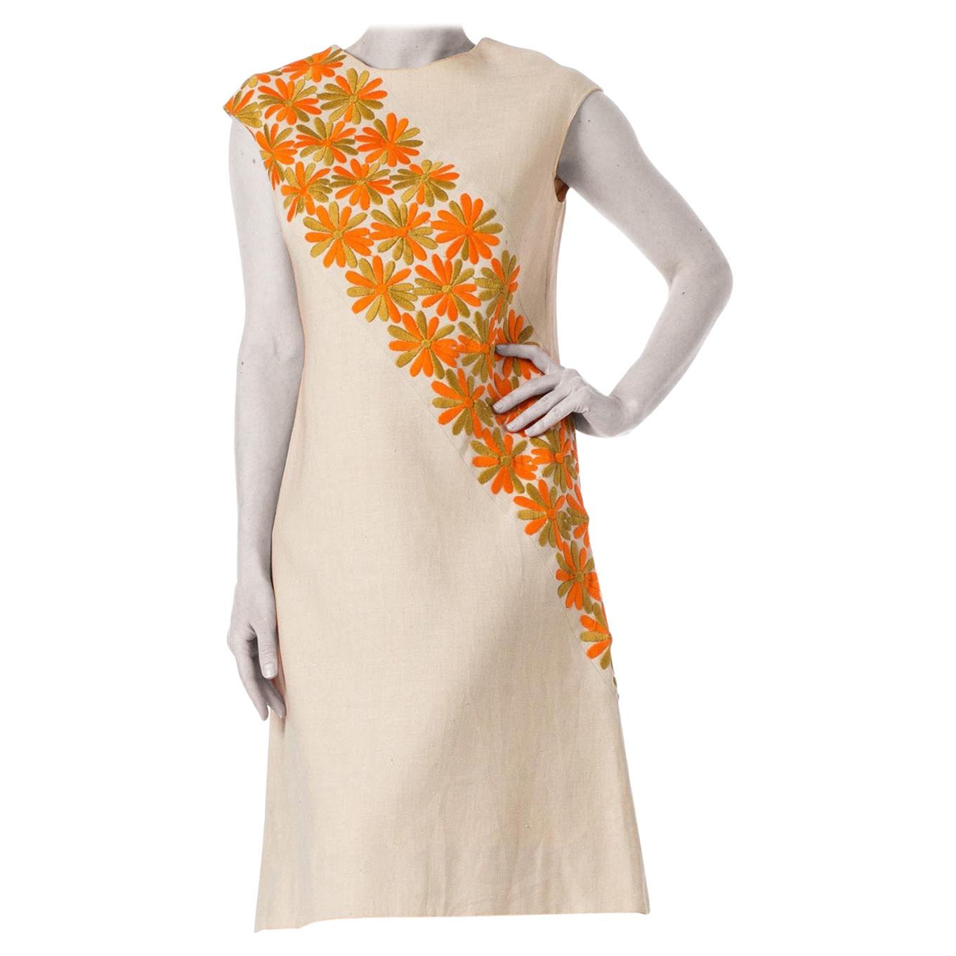 1960S Linen Mod Dress With Orange Embroidered Daisies For Sale