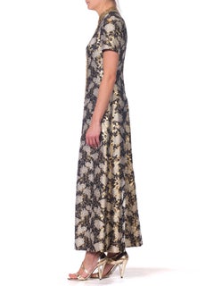 1960s Lisa Meril Gold Brocade Gown with Metal Braid & Studs