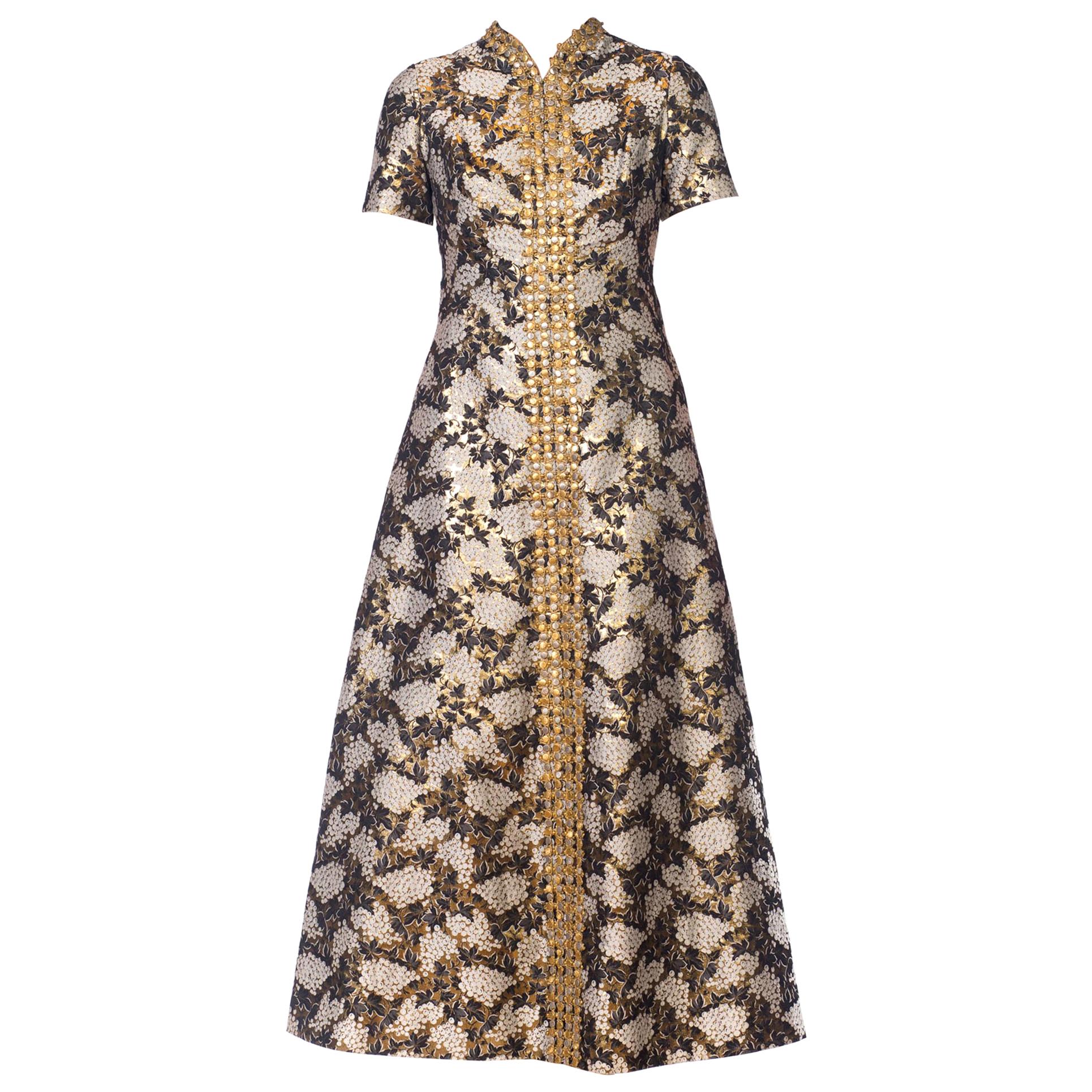 1960s Lisa Meril Gold Brocade Gown with Metal Braid 
Studs