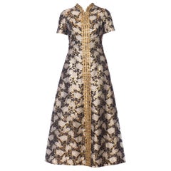 1960s Lisa Meril Gold Brocade Gown with Metal Braid & Studs