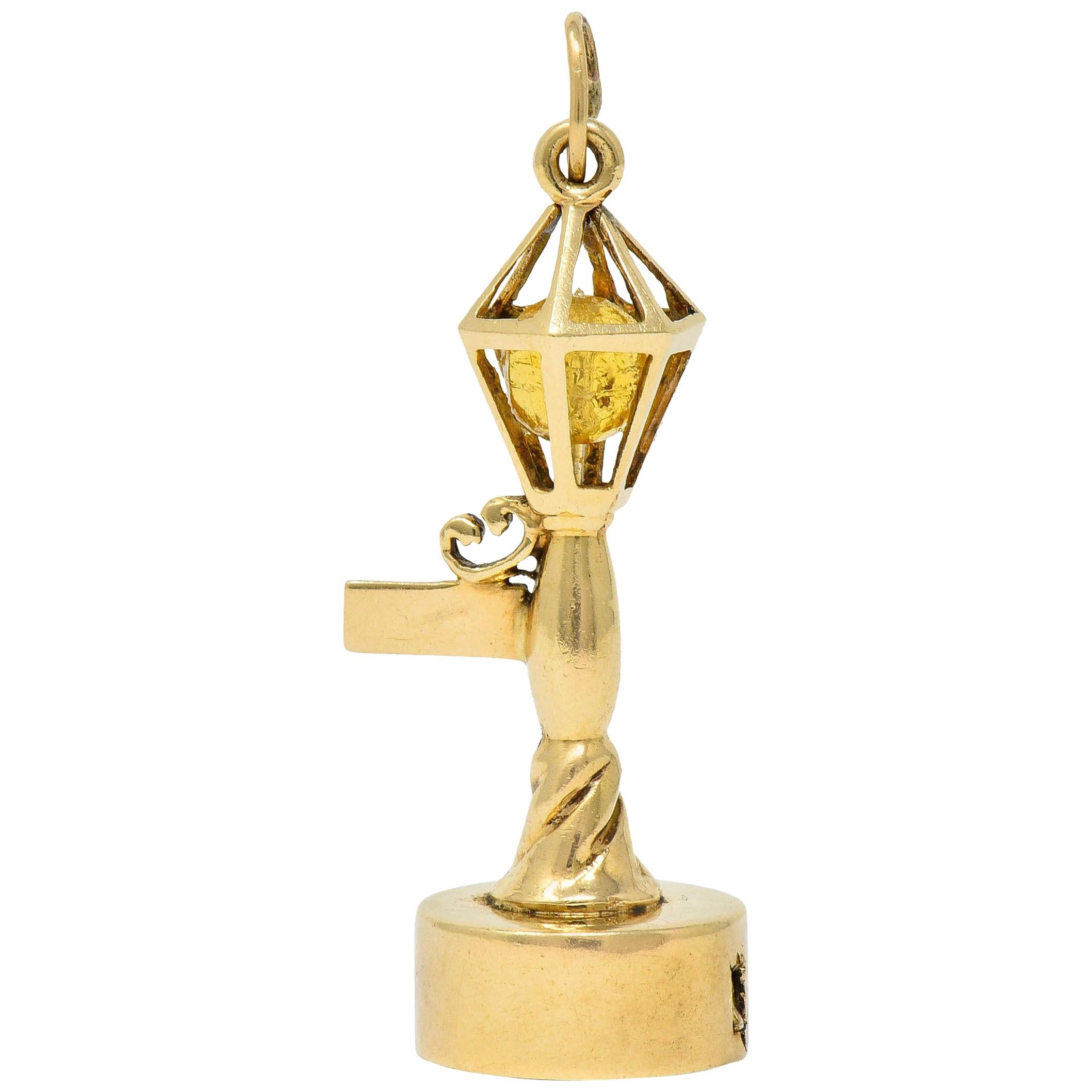 1960s Litacharm Inc. Vintage 14 Karat Gold Lamp Post Pendant Charm For Sale