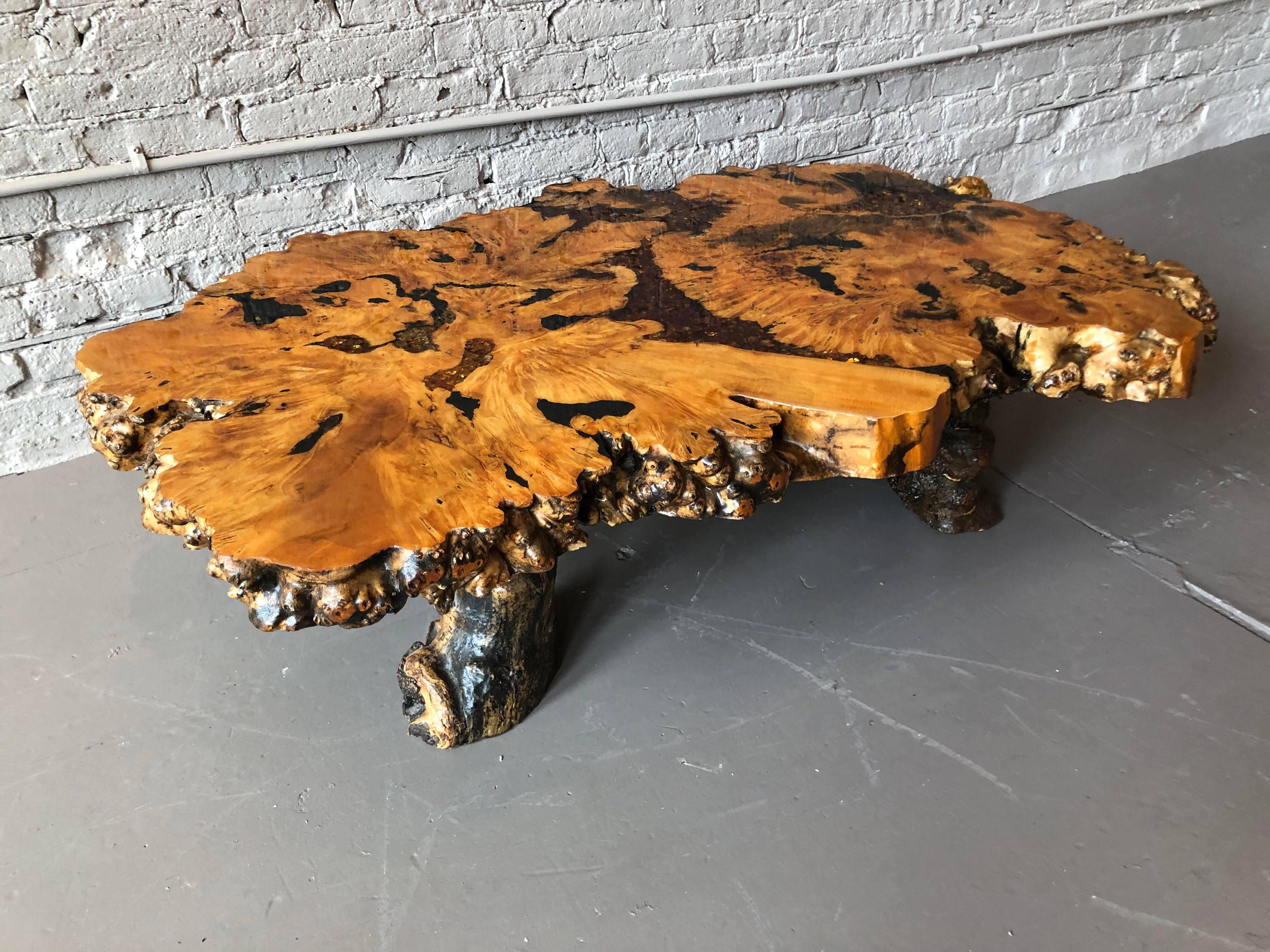 American 1960s Live Edge Burl Wood Epoxy Coffee Table