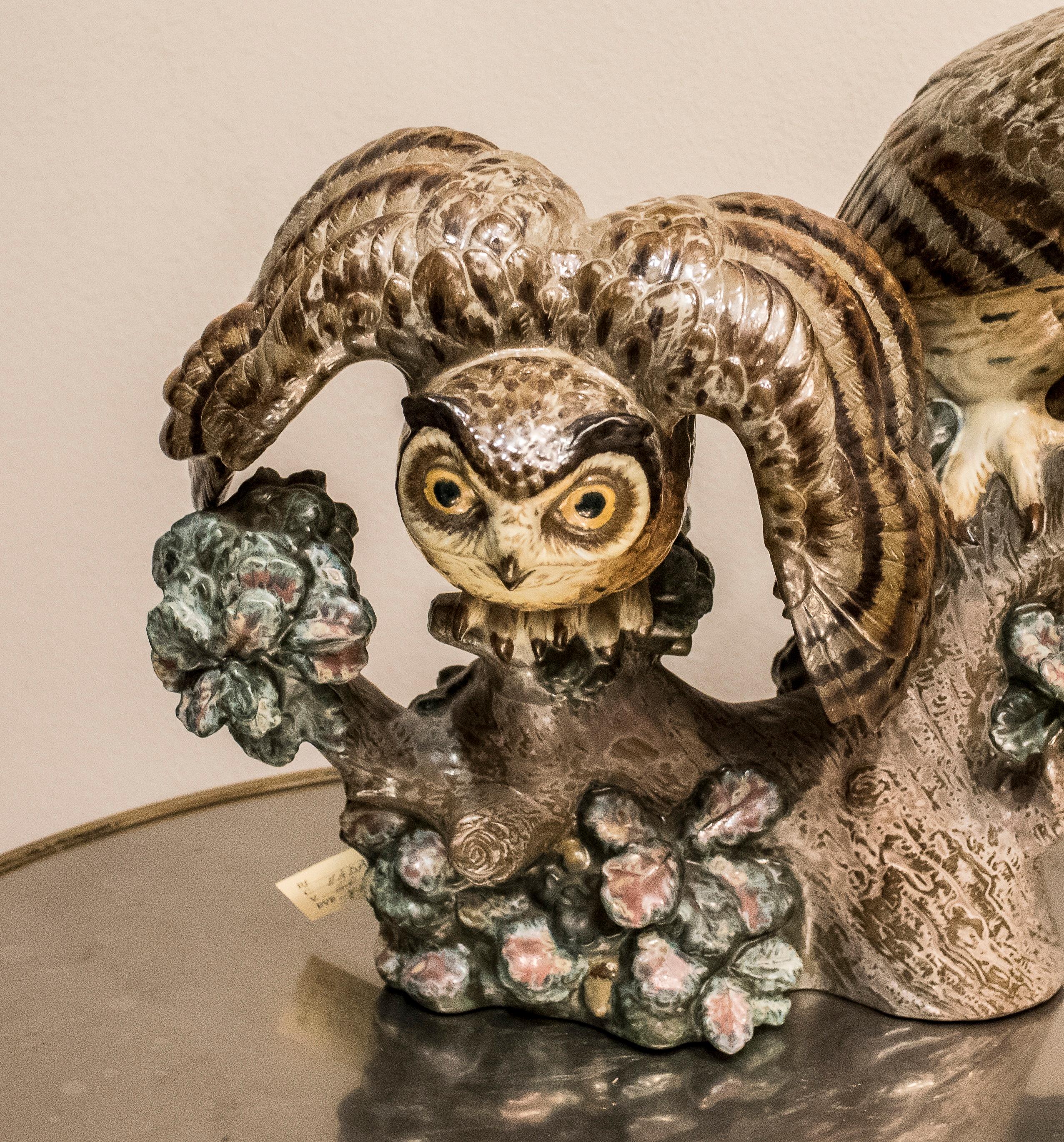 Romantic 1960s Lladro Polychrome Ceramic Owl, Signature