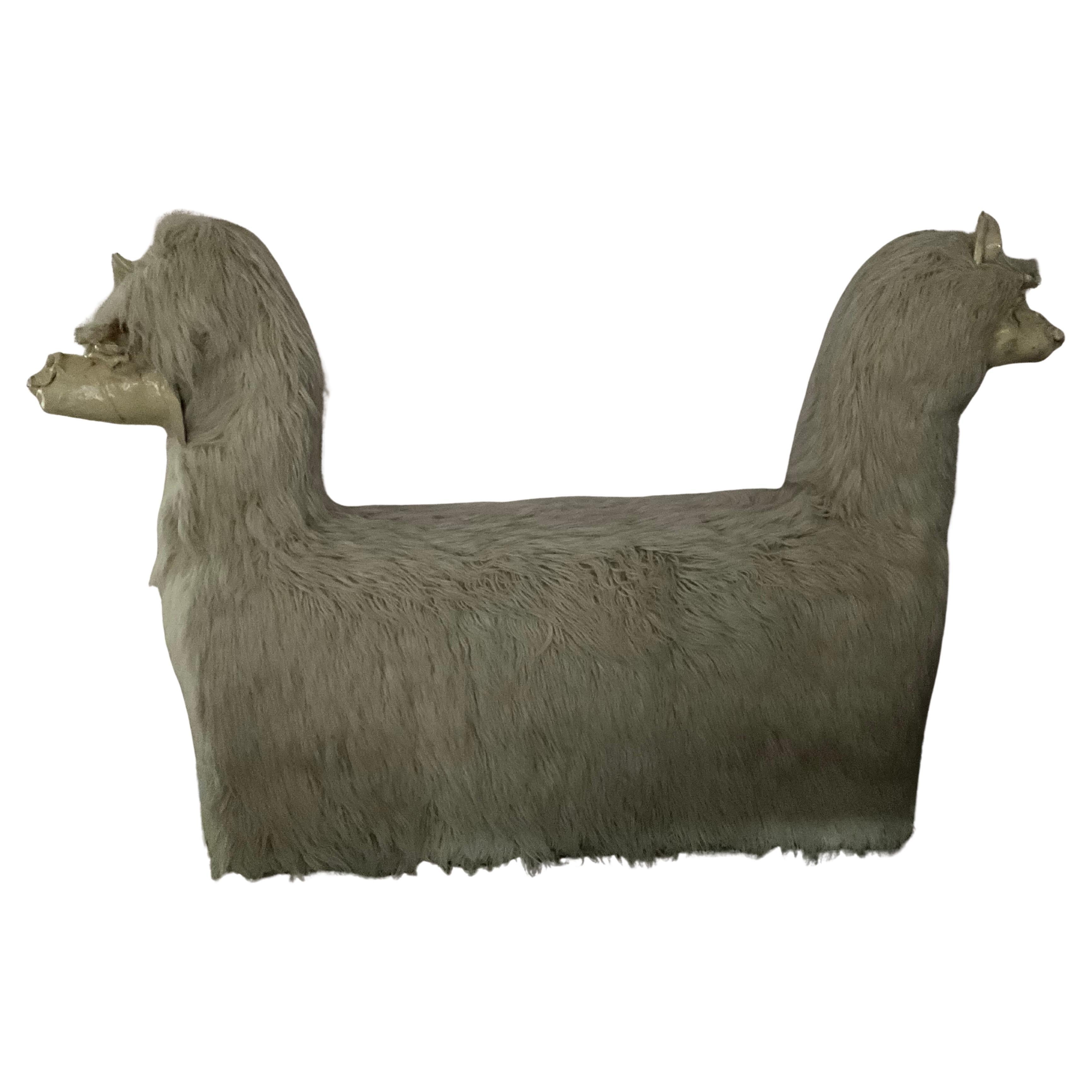 Unique 1960s Llama Bench with Dual Ceramic Faces by Edna Cataldo
This striking 1960s bench features a whimsical llama design with two ceramic heads, expertly crafted by the talented artist Edna Cataldo. Upholstered in luxurious wool flokati, this