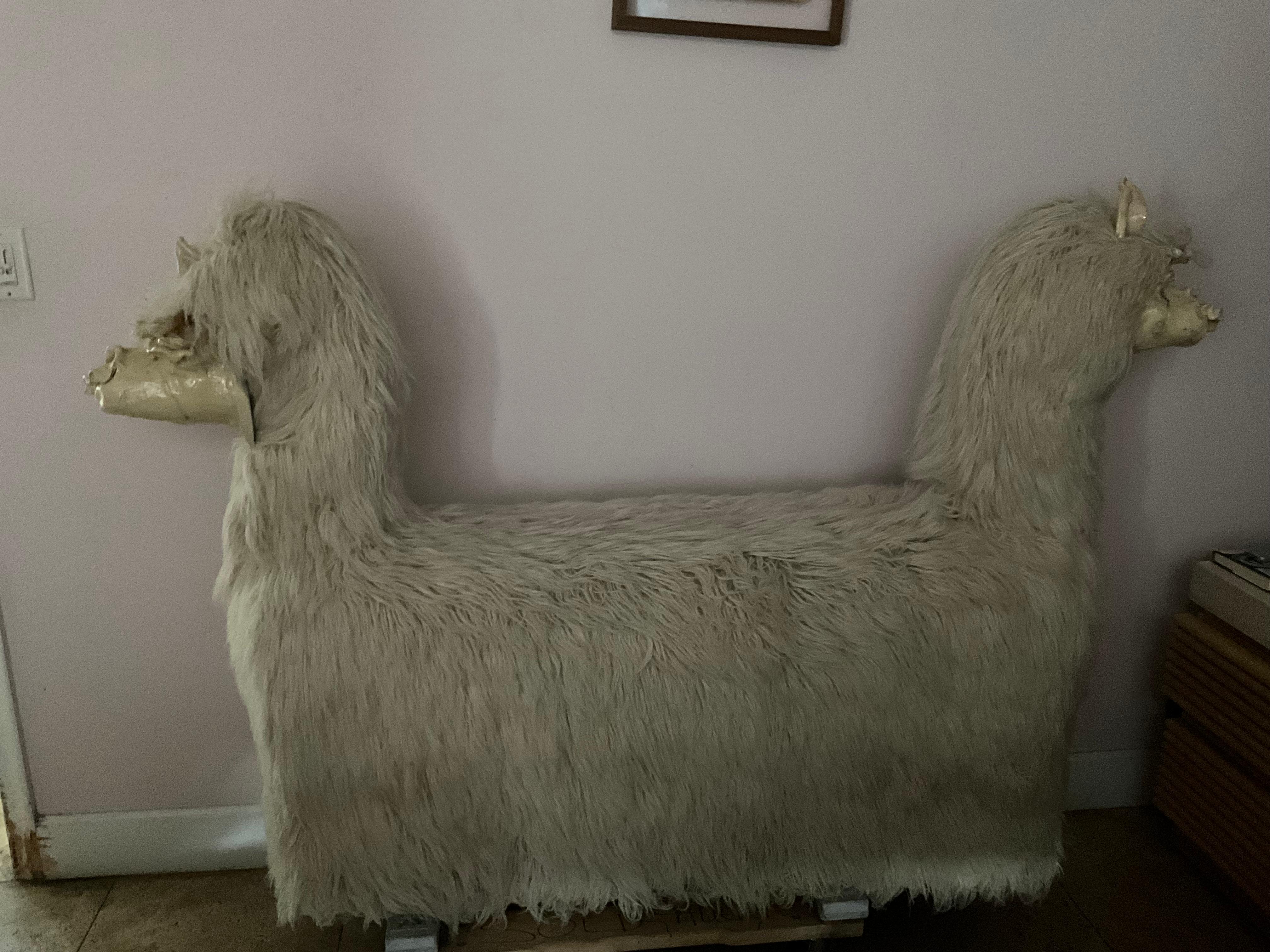 Hand-Crafted 1960s Llama Flokati Bench with Dual Ceramic Faces by Edna Cataldo For Sale