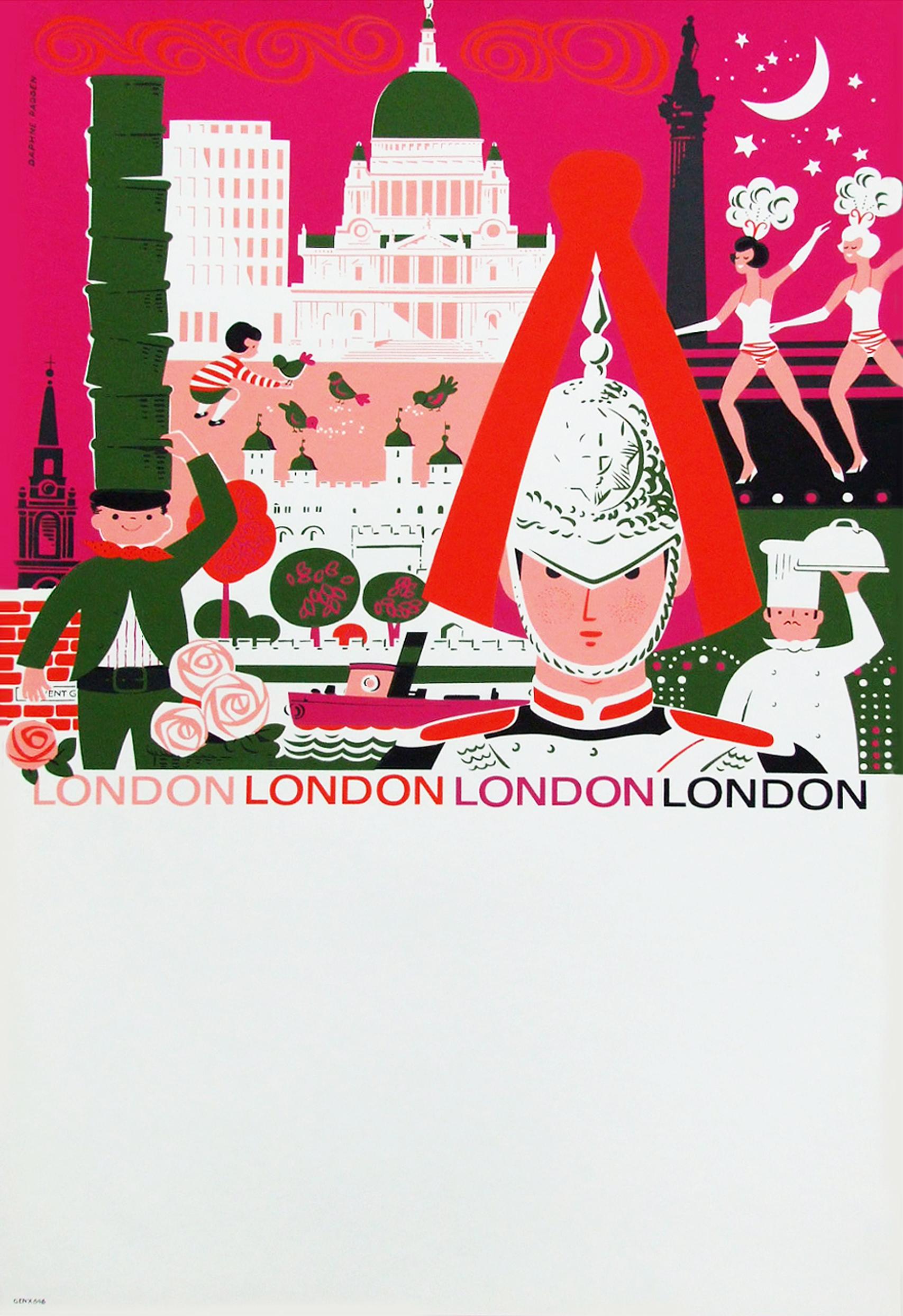 Mid-Century Modern 1960s London British Travel Poster by Daphne Padden, Pop Art Illustration Design For Sale