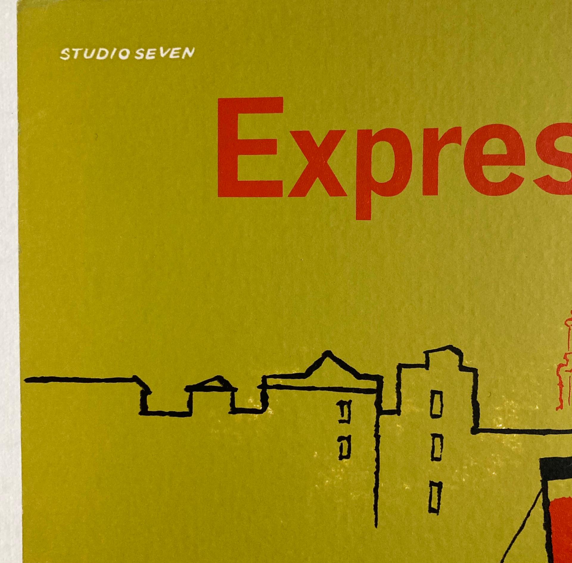This original 1960's English small panel poster by Studio Seven is advertising Express Road Services to London. A rare poster, it would have been displayed in travel offices or in buses and coaches serving routes around the UK. Coach companies had a