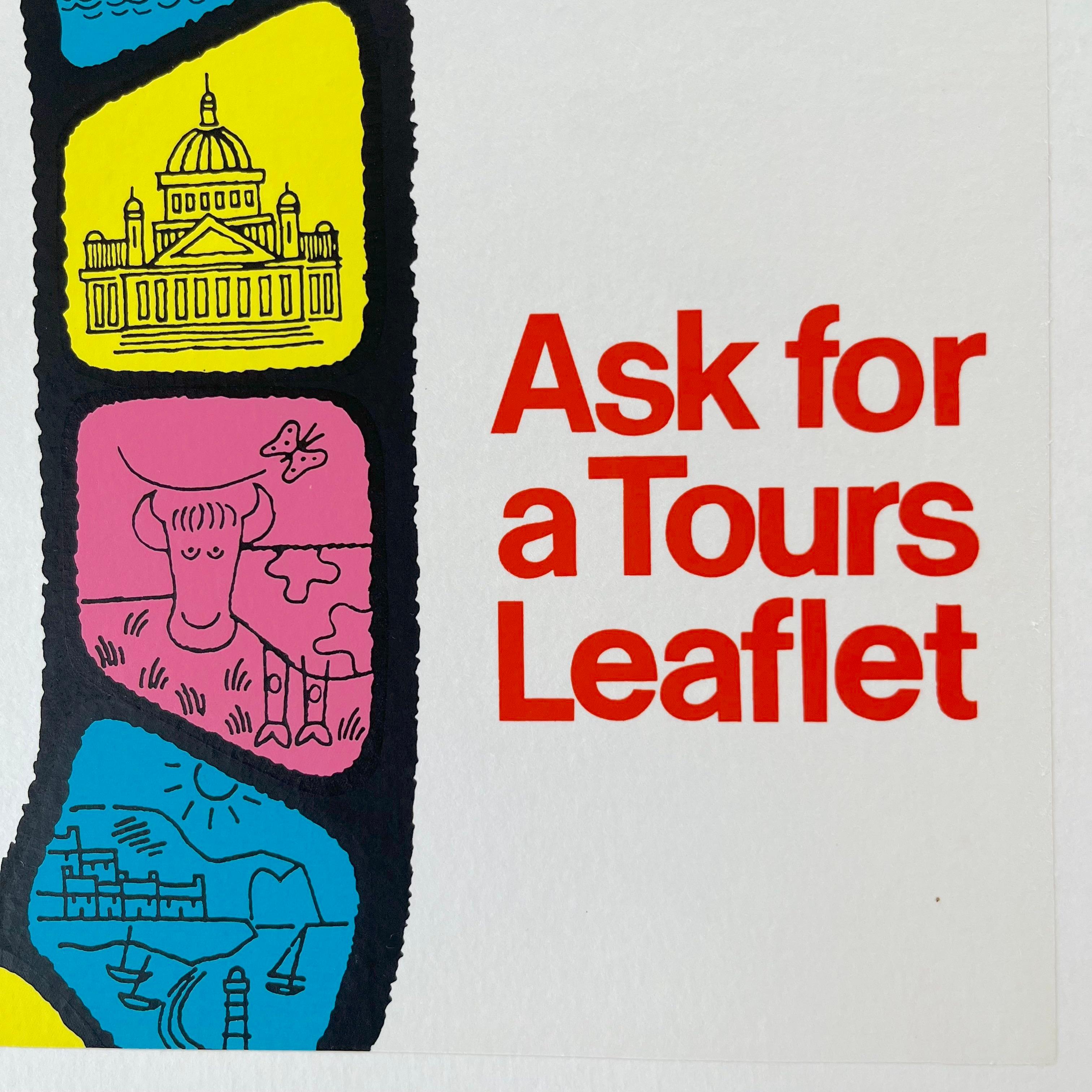 Original English 1960's bus panel poster promoting coach tours around Britain. This rare poster would have been displayed in a travel bureau or on a bus or coach serving routes around the UK.  Coach firms had a captive market before the advent of