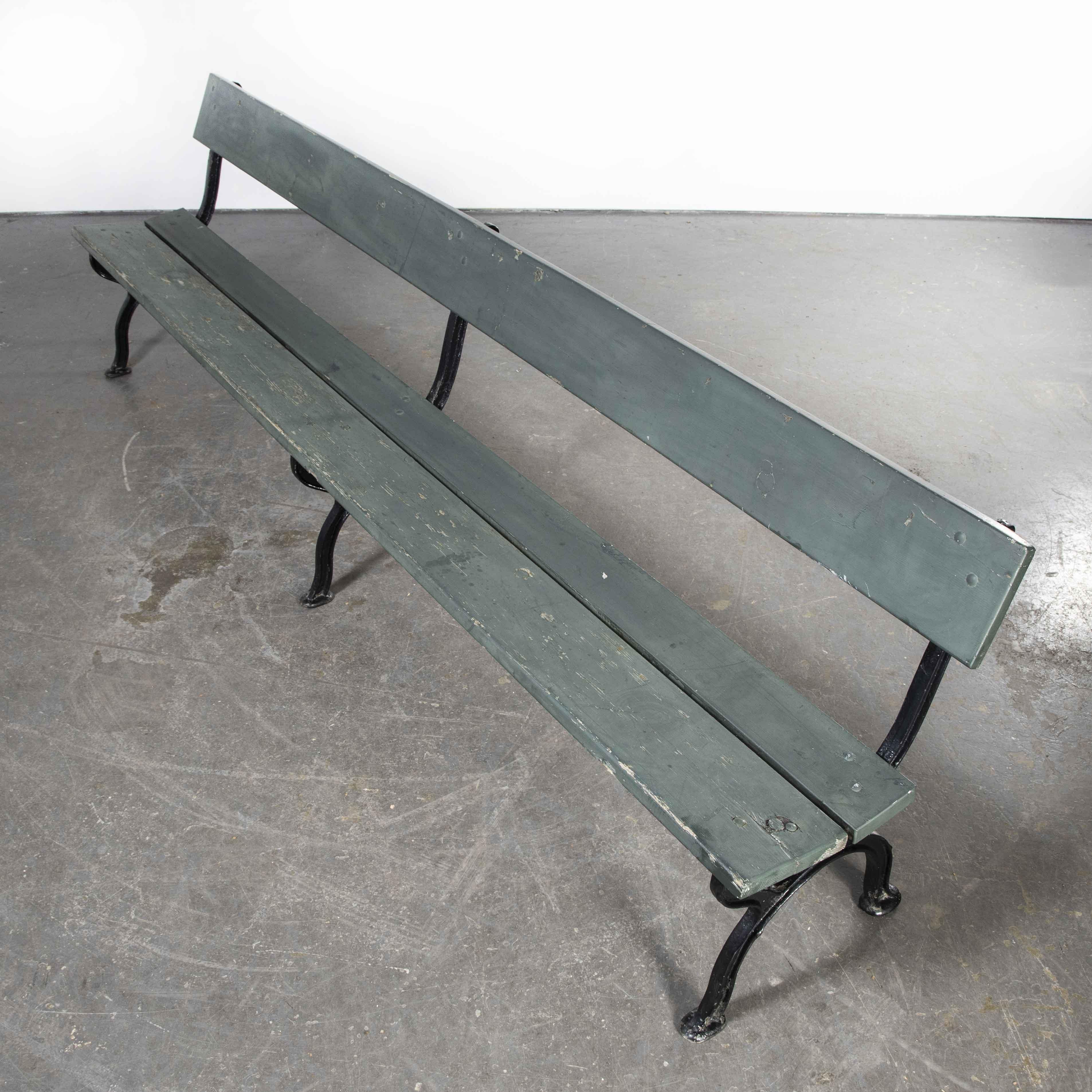 Mid-20th Century 1960’s Long Green French Station Bench with Cast Legs For Sale