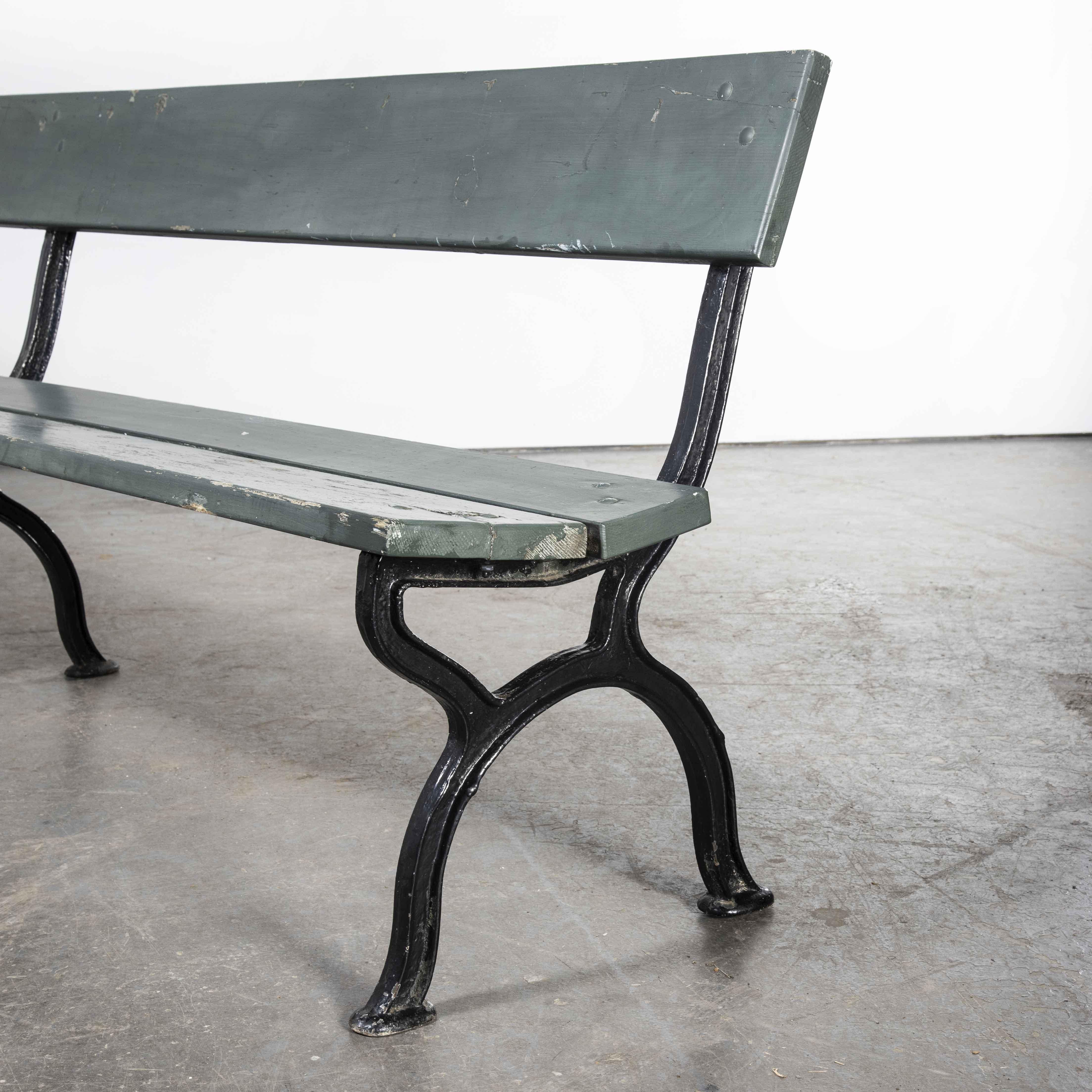 1960’s Long Green French Station Bench with Cast Legs For Sale 1