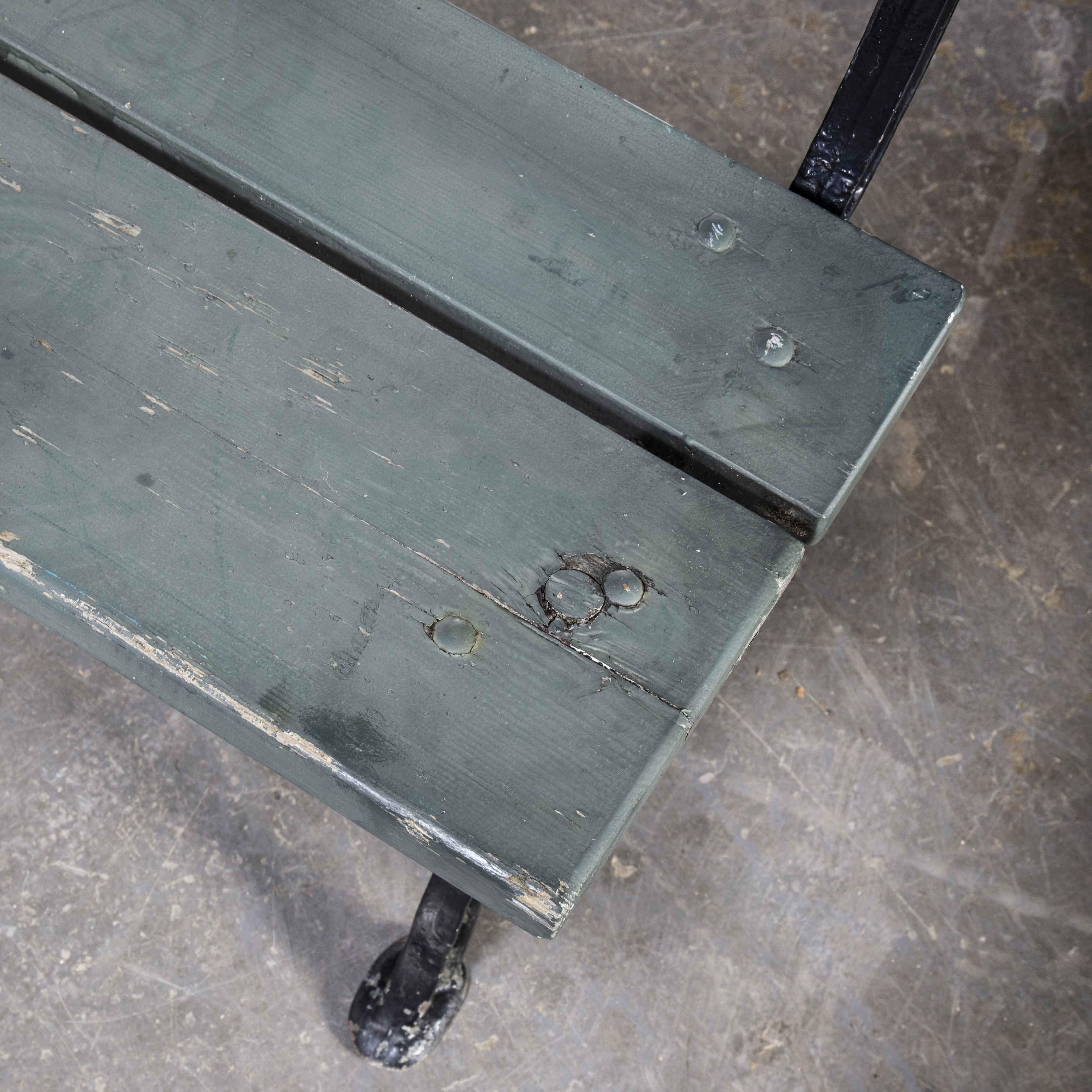 1960’s Long Green French Station Bench with Cast Legs For Sale 2