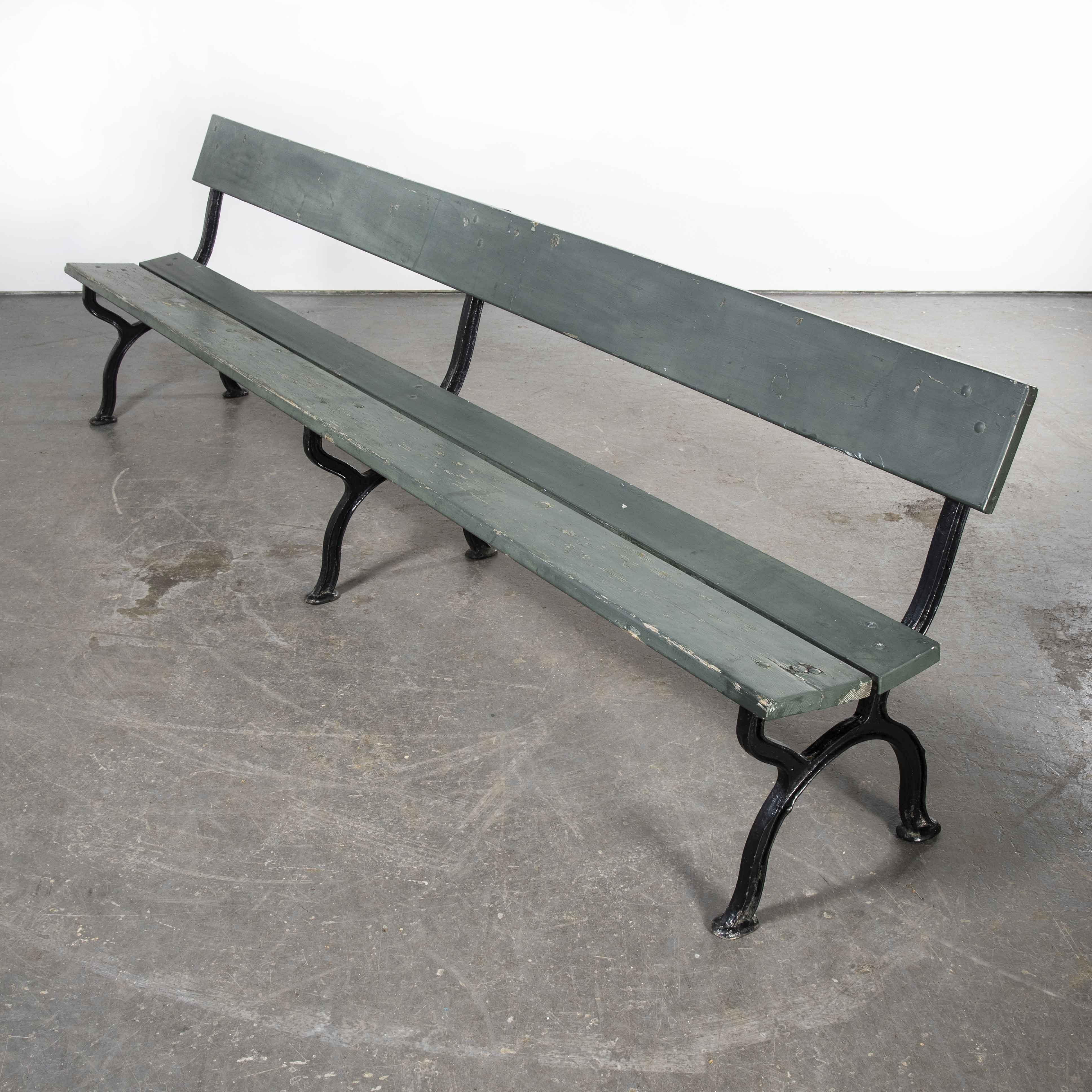 1960’s Long Green French Station Bench with Cast Legs 3