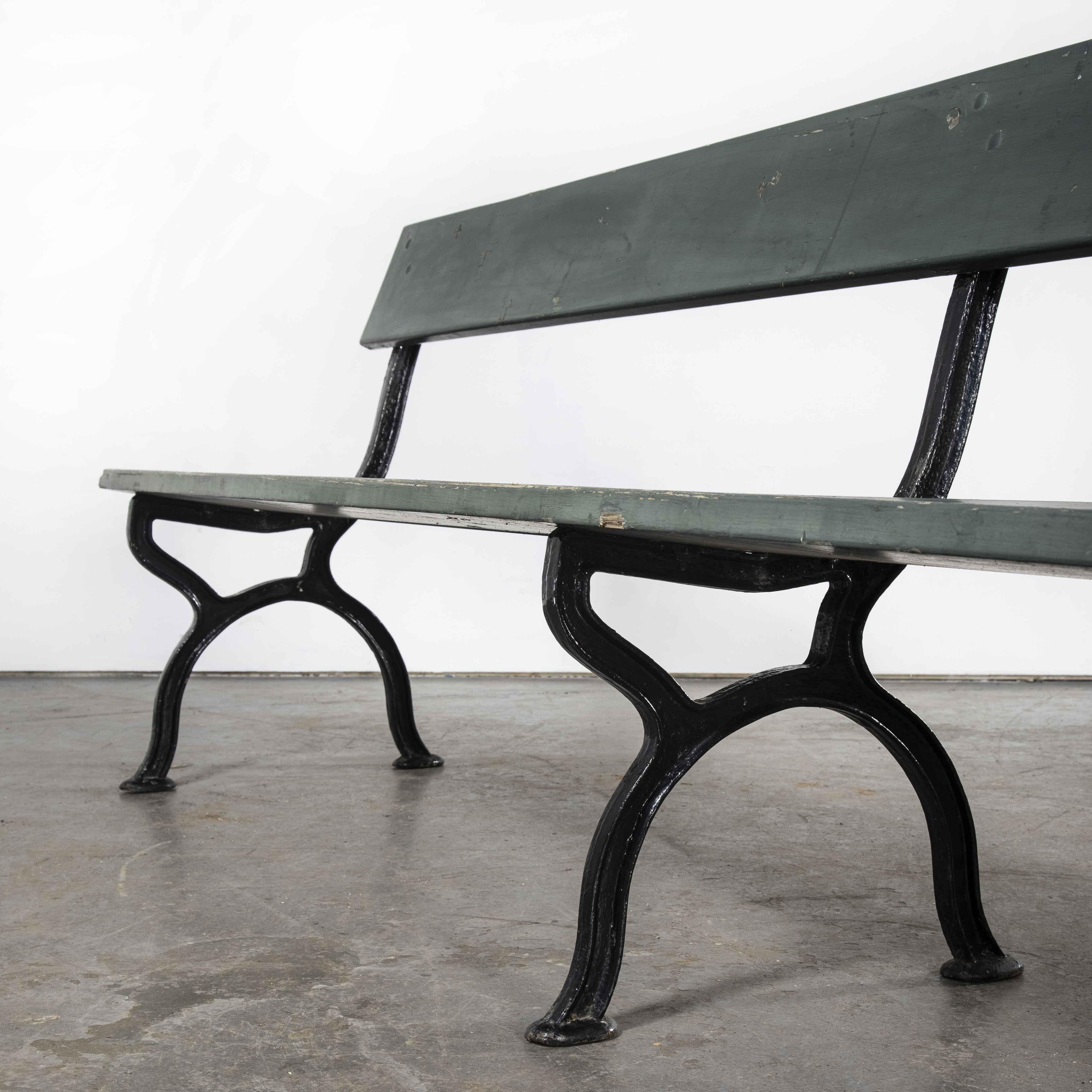 1960’s Long Green French Station Bench with Cast Legs For Sale 4