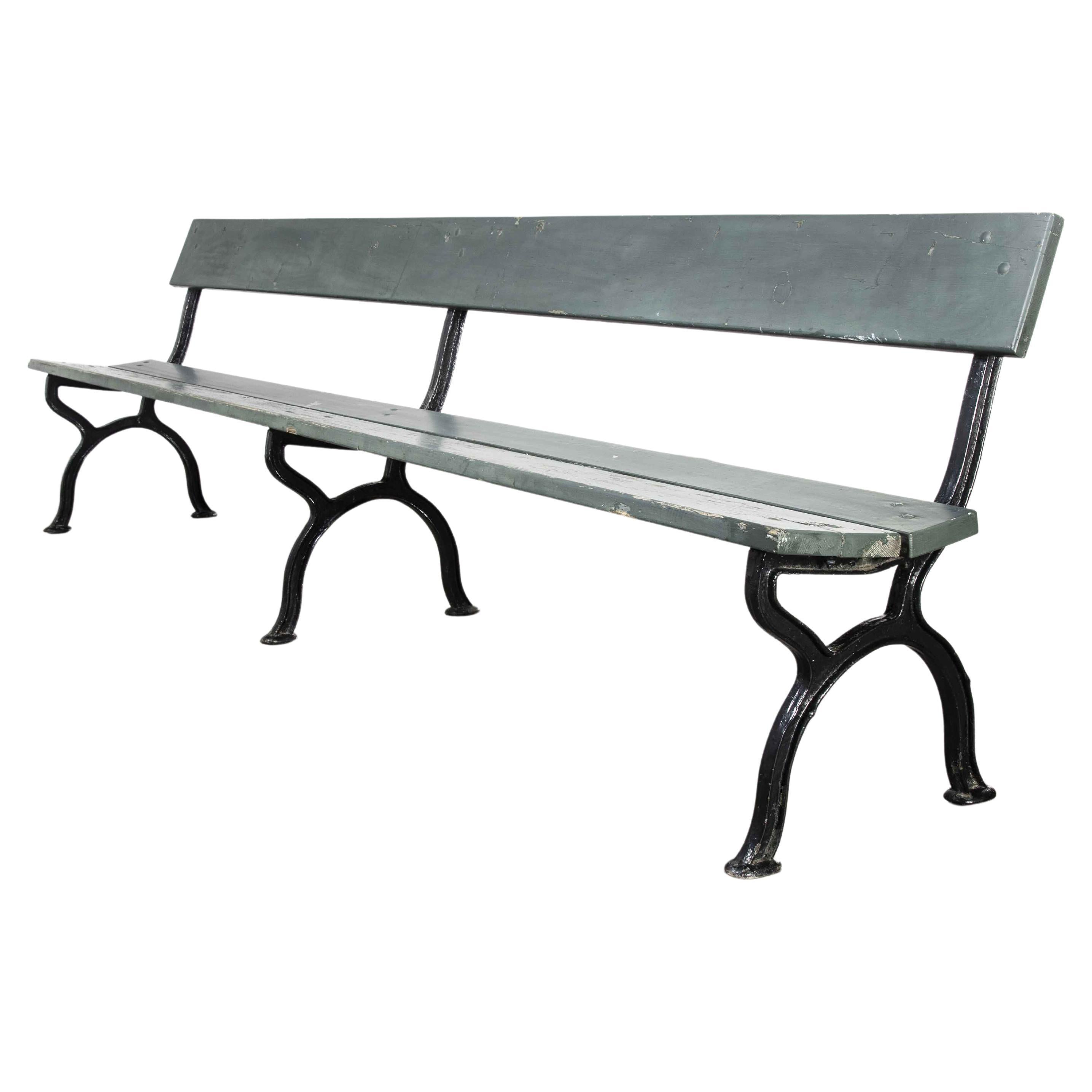 1960’s Long Green French Station Bench with Cast Legs For Sale