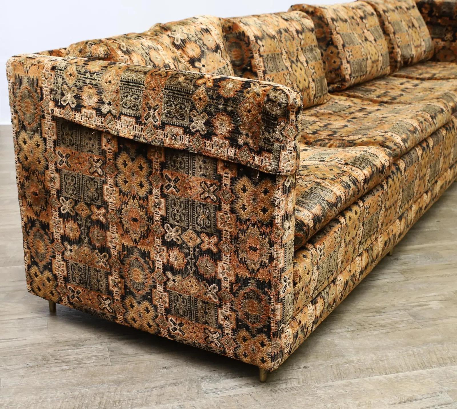 Mid-Century Modern 1960s Long Jack Lenor Larsen Velvet Tuxedo Sofa in Style of Paul McCobb For Sale