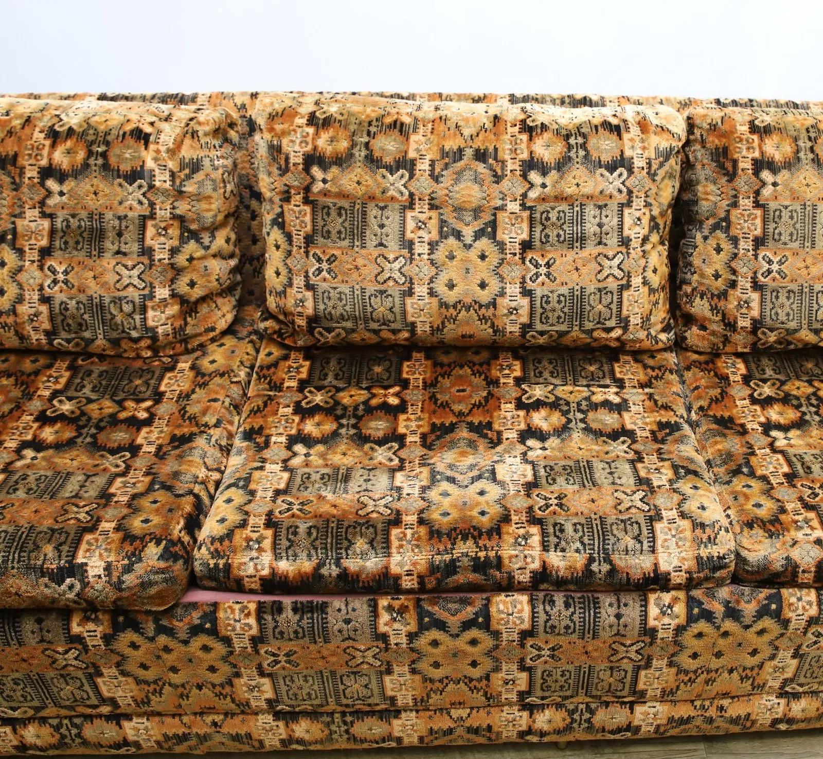 Unknown 1960s Long Jack Lenor Larsen Velvet Tuxedo Sofa in Style of Paul McCobb For Sale