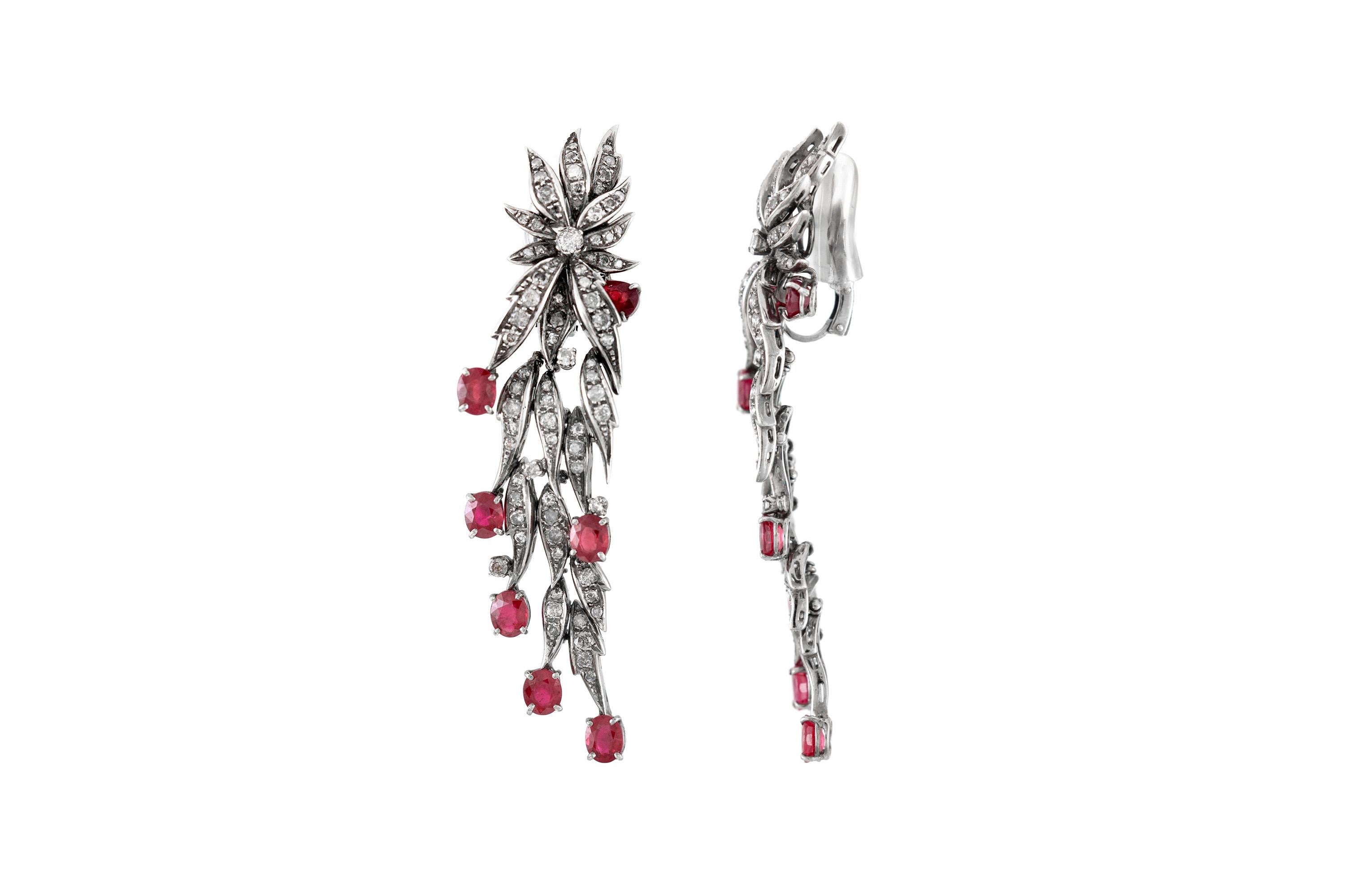 The earrings are finely crafted in 18k white gold with diamonds weighing approximately total of 3.00 carat and rubies weighing approximately total 10.50 carat.
Circa 1960