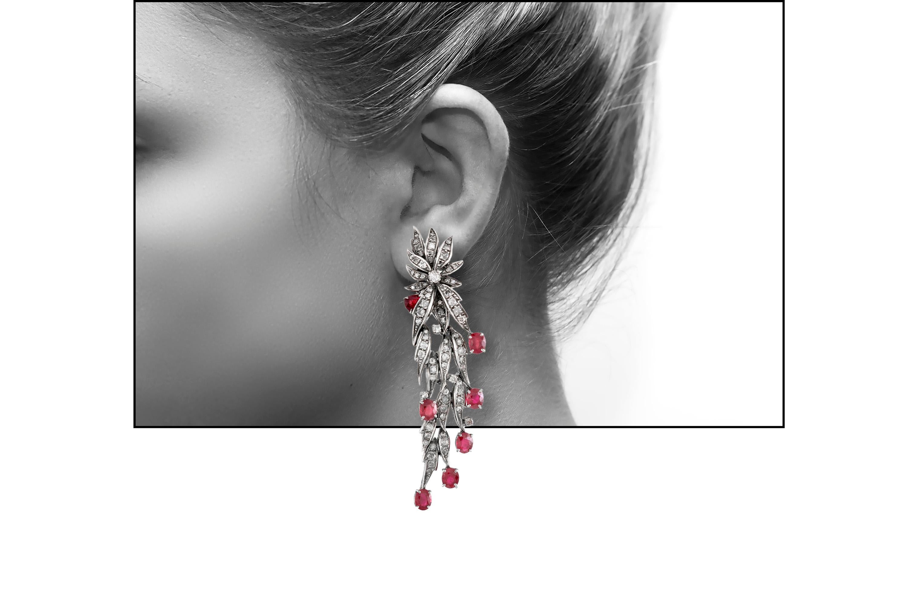 Round Cut 1960s Long Leafs Earring with Ruby and Diamond For Sale