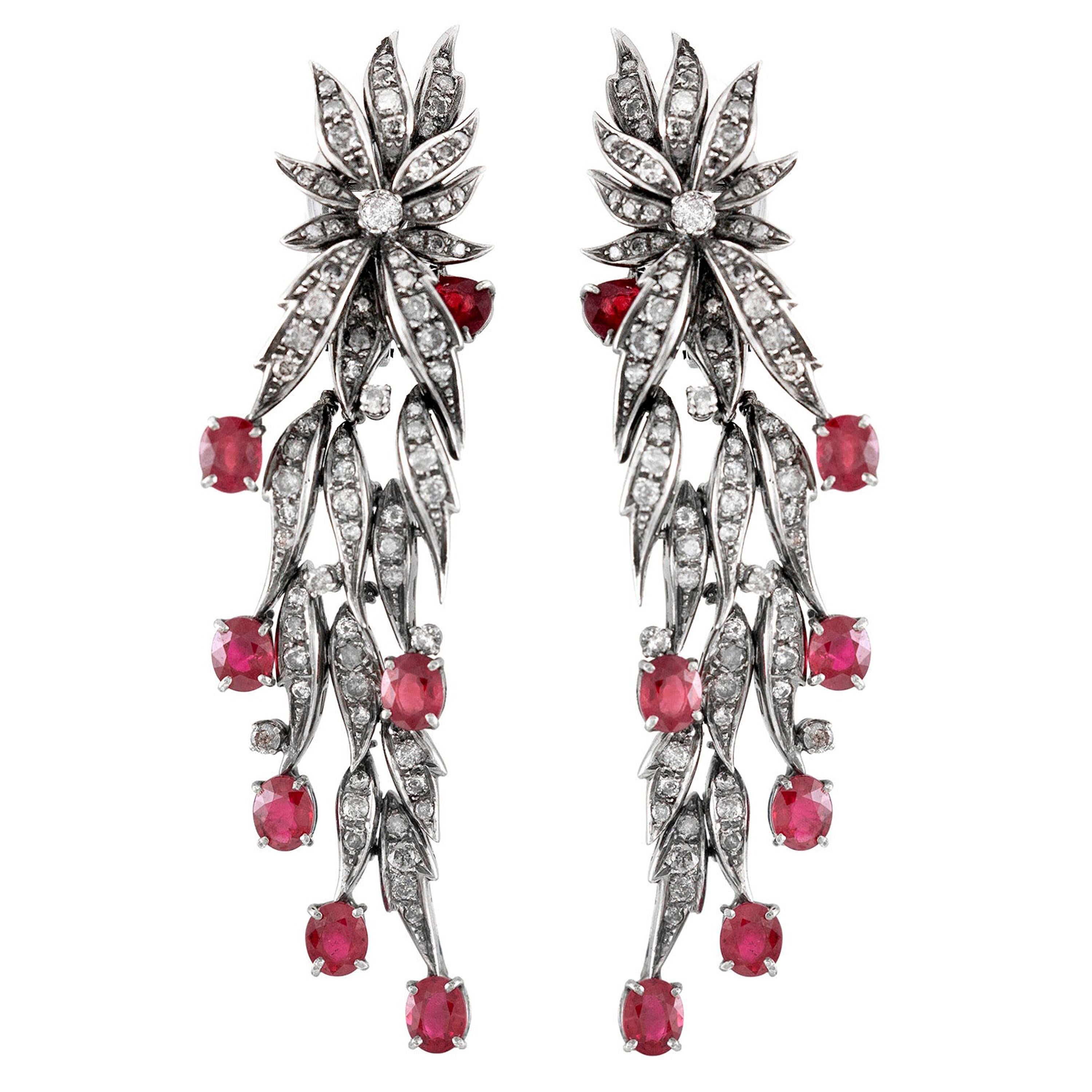 1960s Long Leafs Earring with Ruby and Diamond For Sale