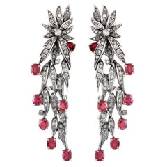 1960s Long Leafs Earring with Ruby and Diamond