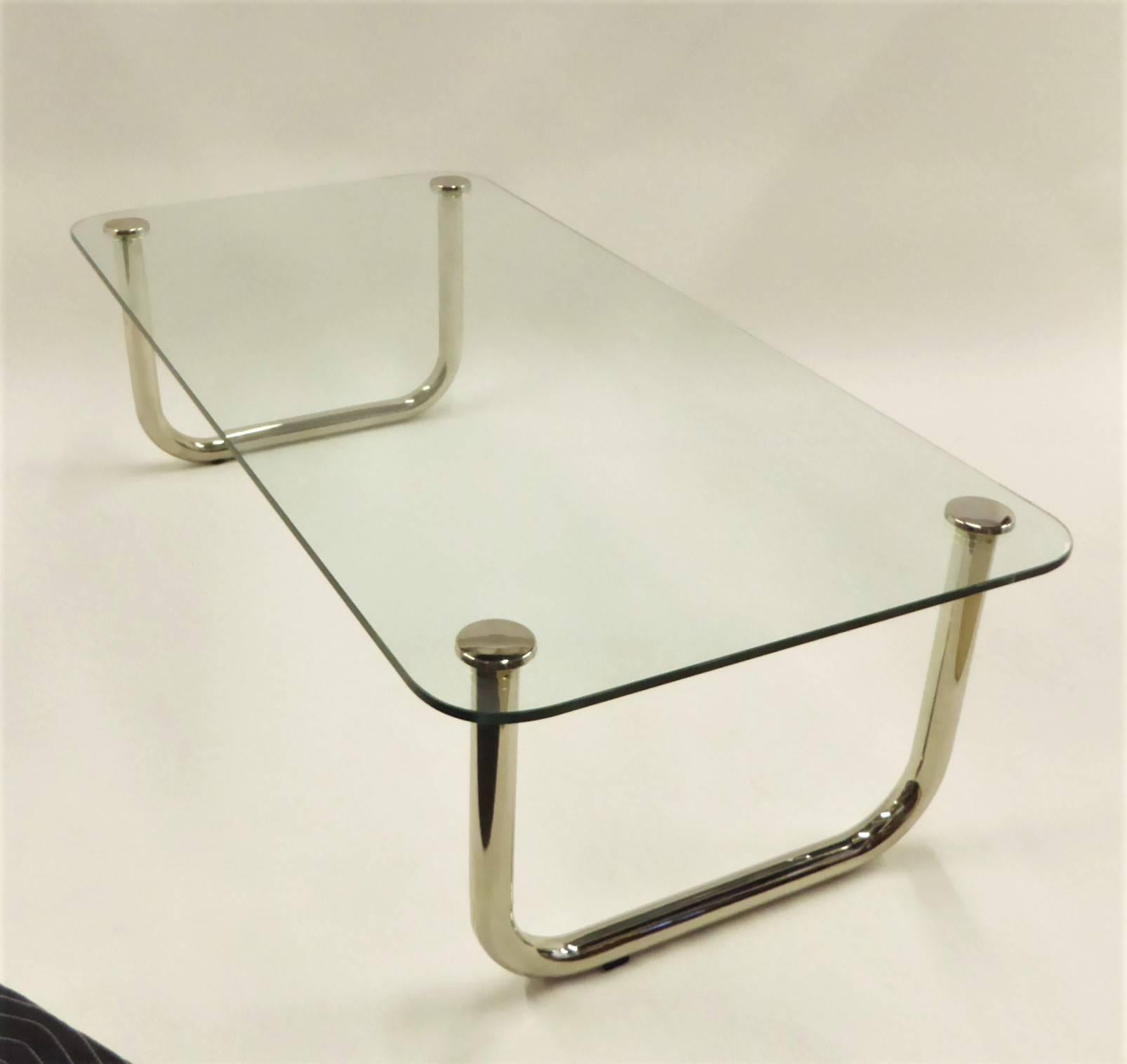 1960s Long Mascheroni Style Glass and Nickel Chrome Sled Leg Coffee Table In Excellent Condition In Miami, FL