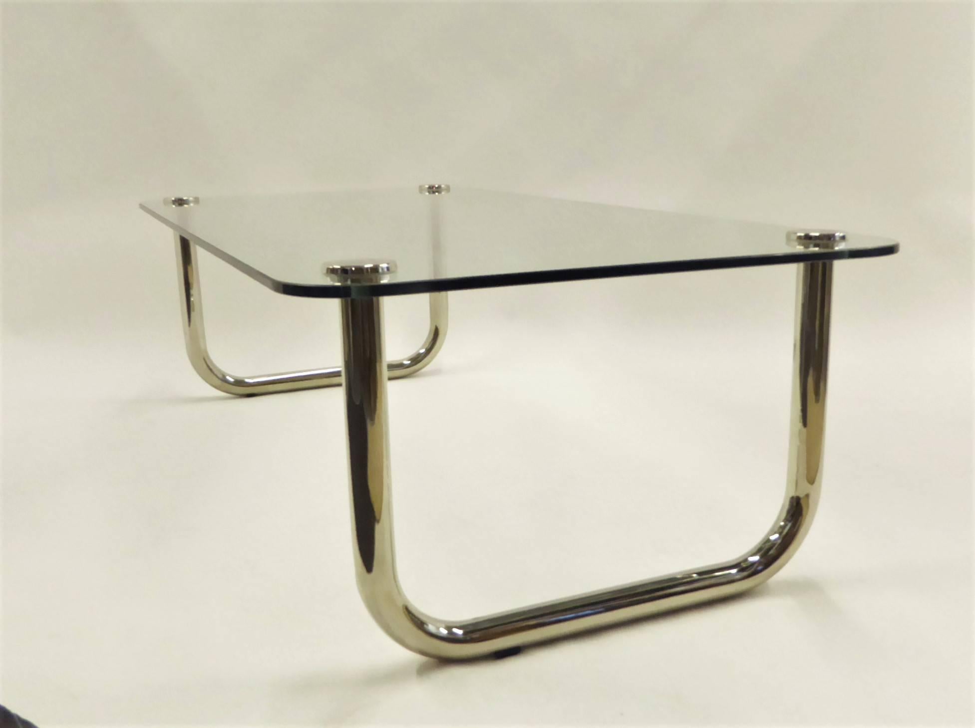 Mid-20th Century 1960s Long Mascheroni Style Glass and Nickel Chrome Sled Leg Coffee Table