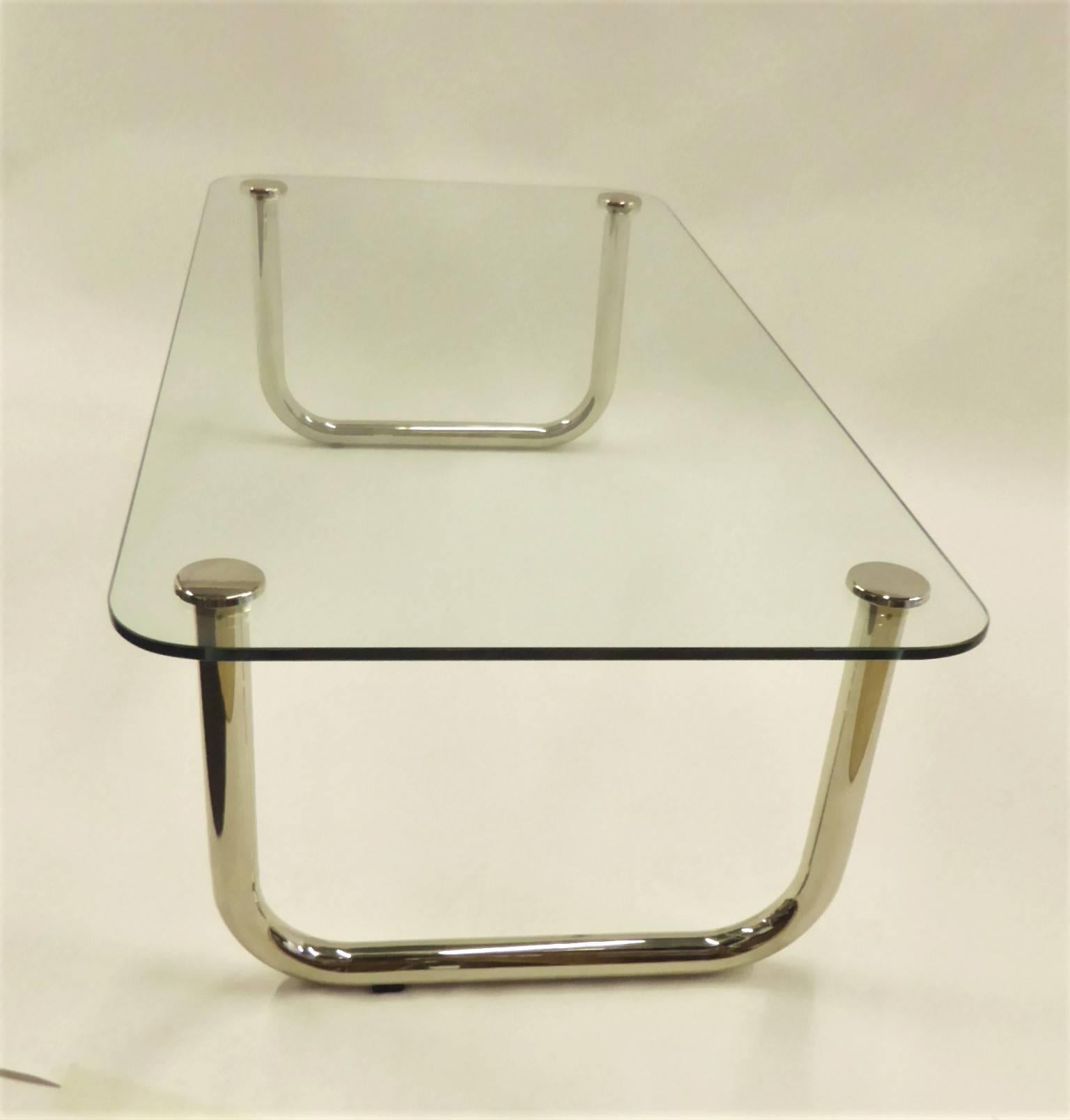 1960s Long Mascheroni Style Glass and Nickel Chrome Sled Leg Coffee Table 1
